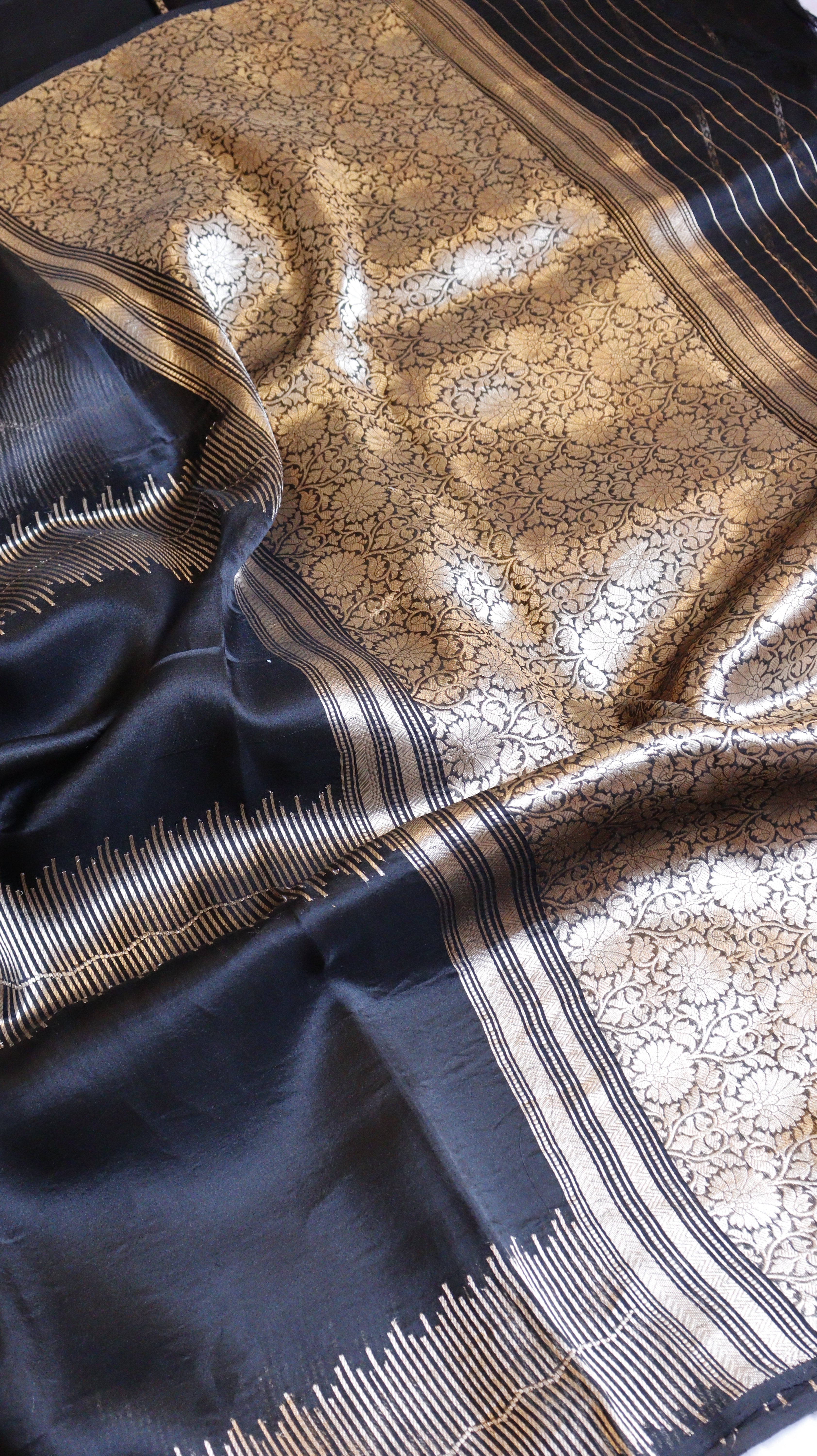 Pre-Order : Black Pure Kora Silk Handloom Saree with Stripe Blouse