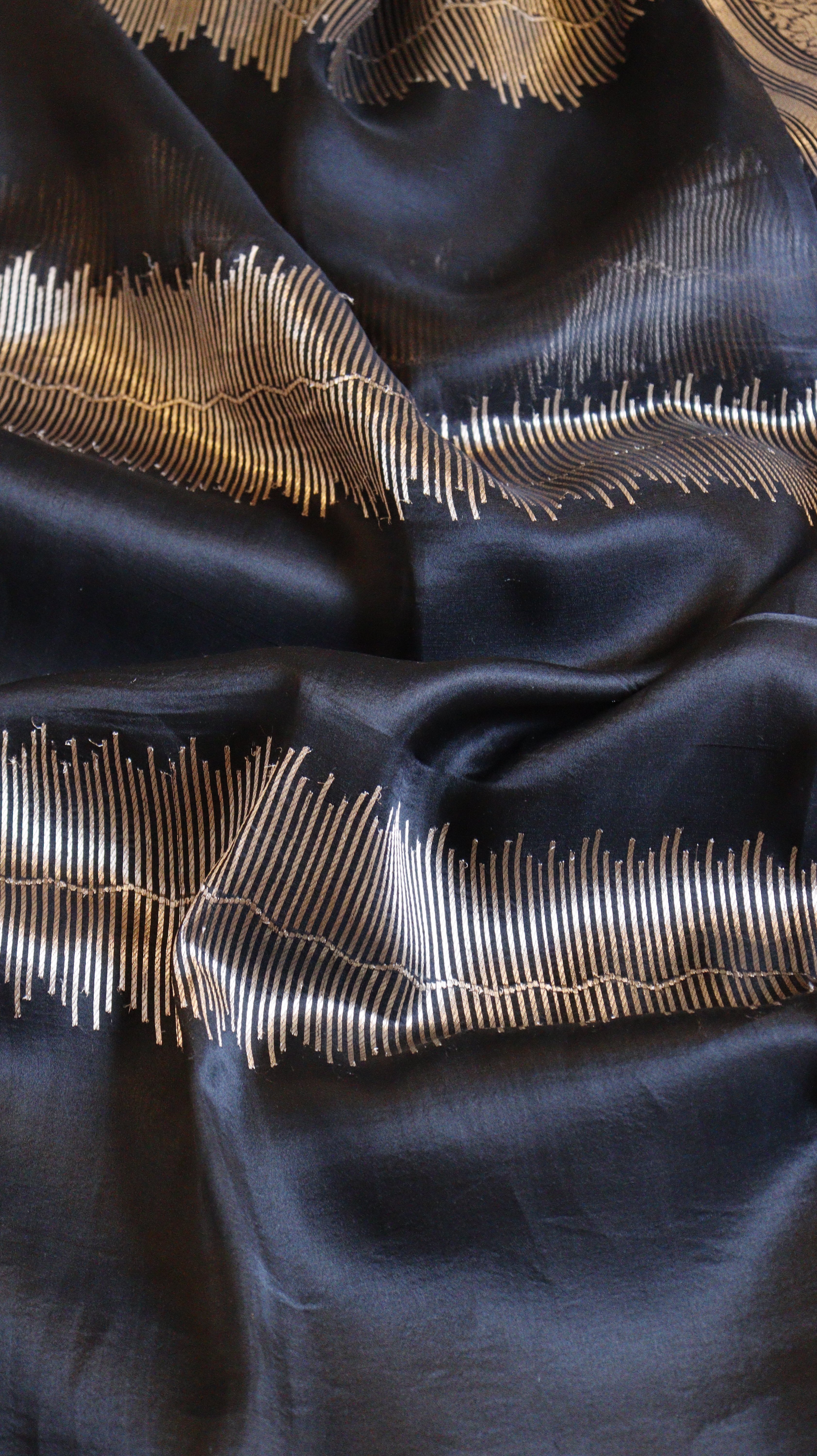 Pre-Order : Black Pure Kora Silk Handloom Saree with Stripe Blouse