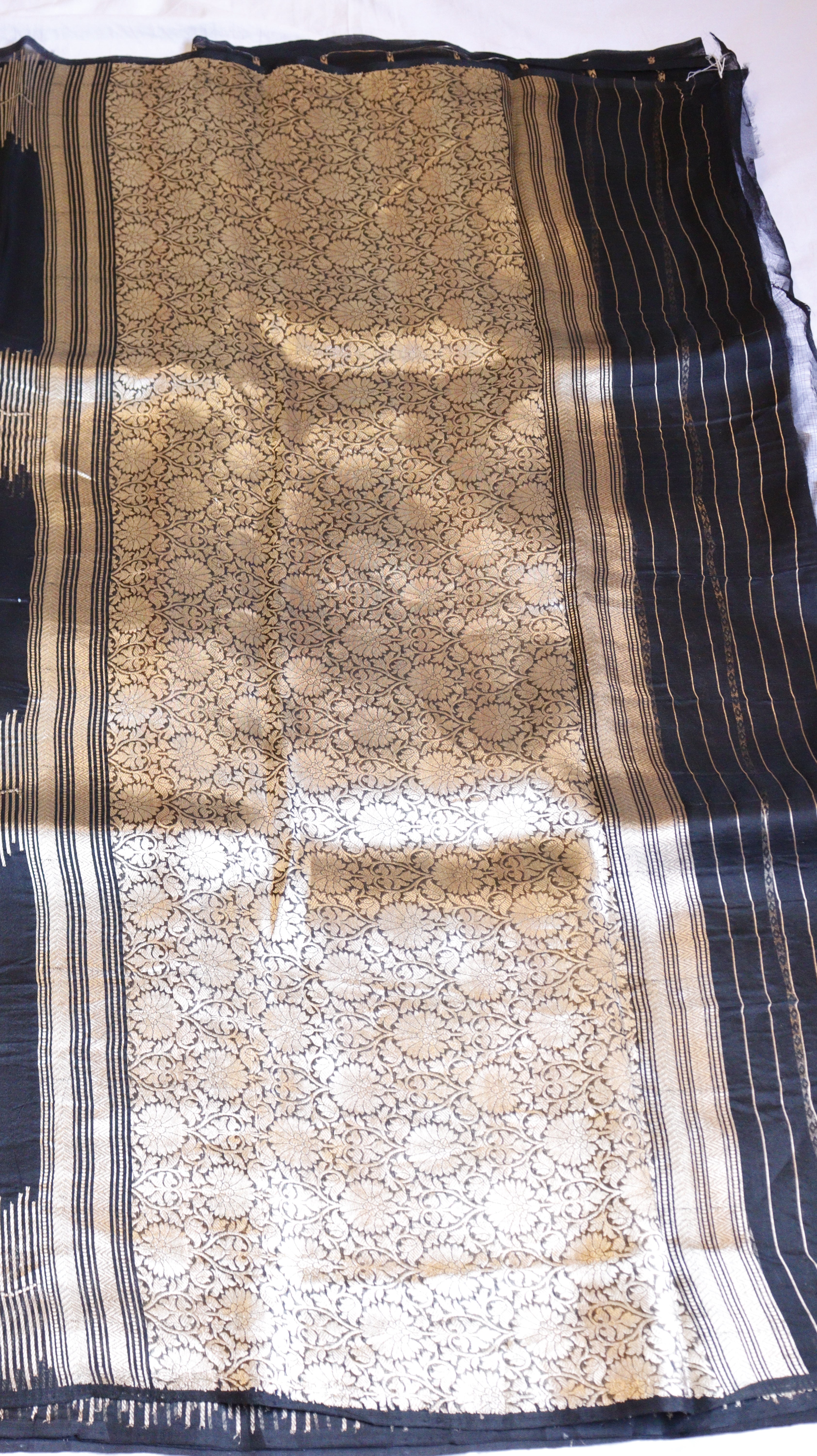 Pre-Order : Black Pure Kora Silk Handloom Saree with Stripe Blouse