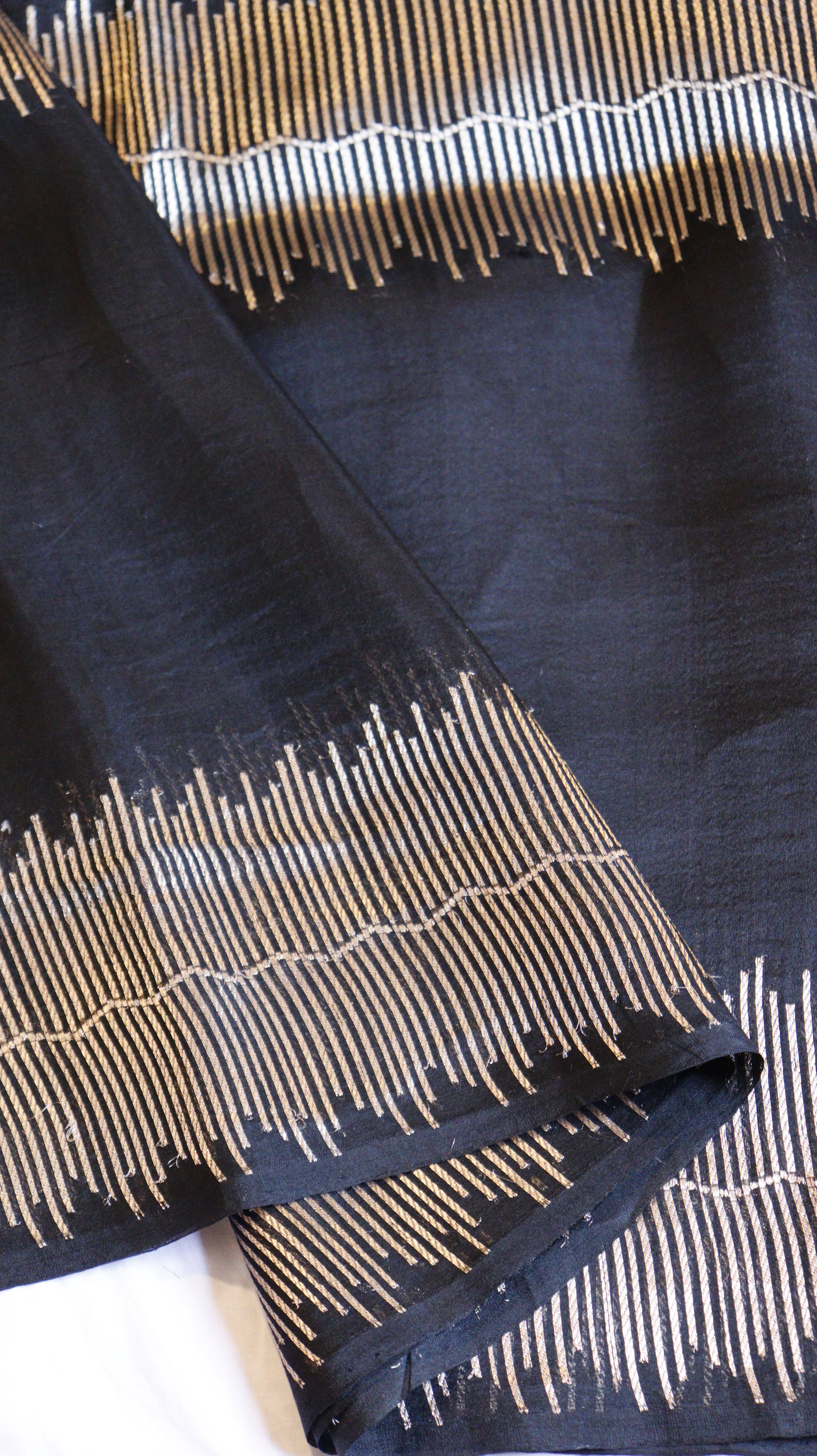 Pre-Order : Black Pure Kora Silk Handloom Saree with Stripe Blouse