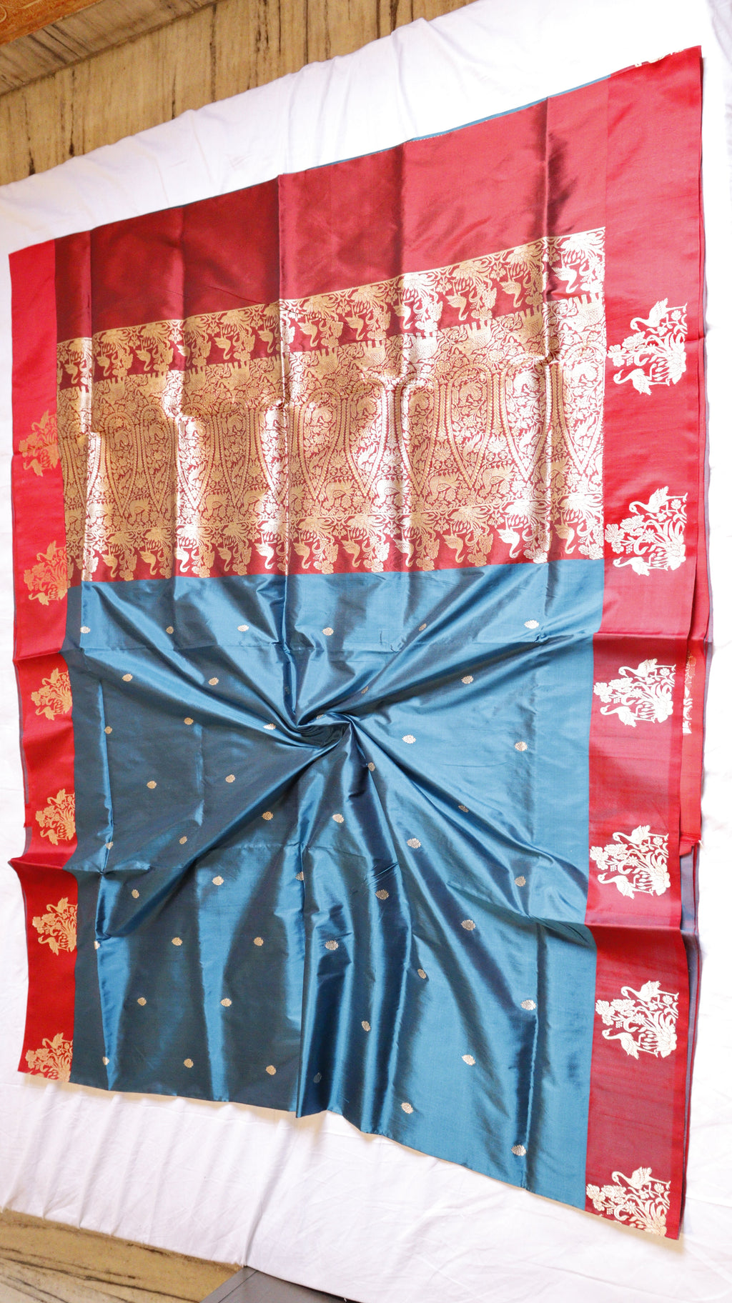 Peacock Blue Pure Katan Silk Handloom Saree with Contrast Border