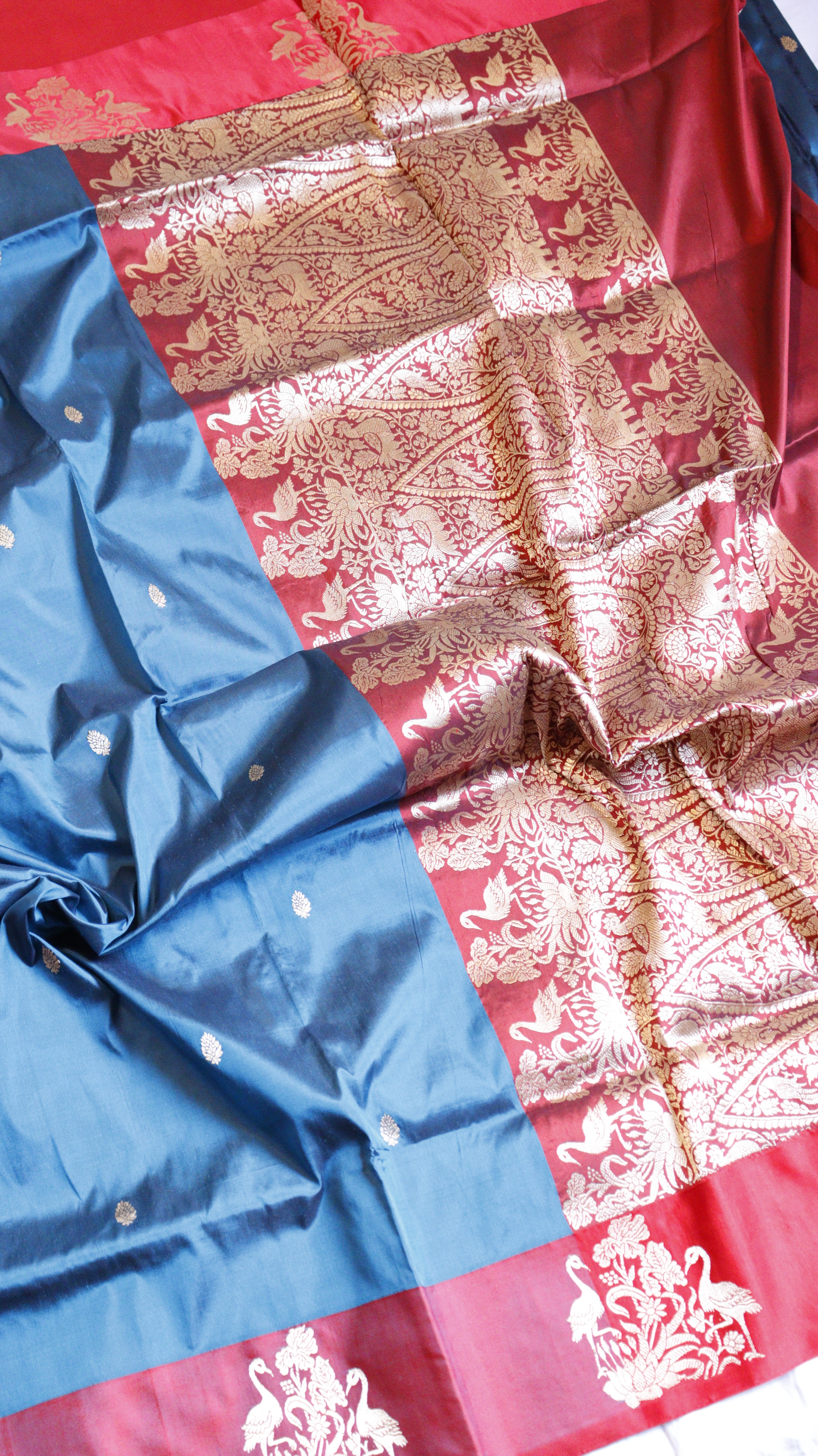 Peacock Blue Pure Katan Silk Handloom Saree with Contrast Border