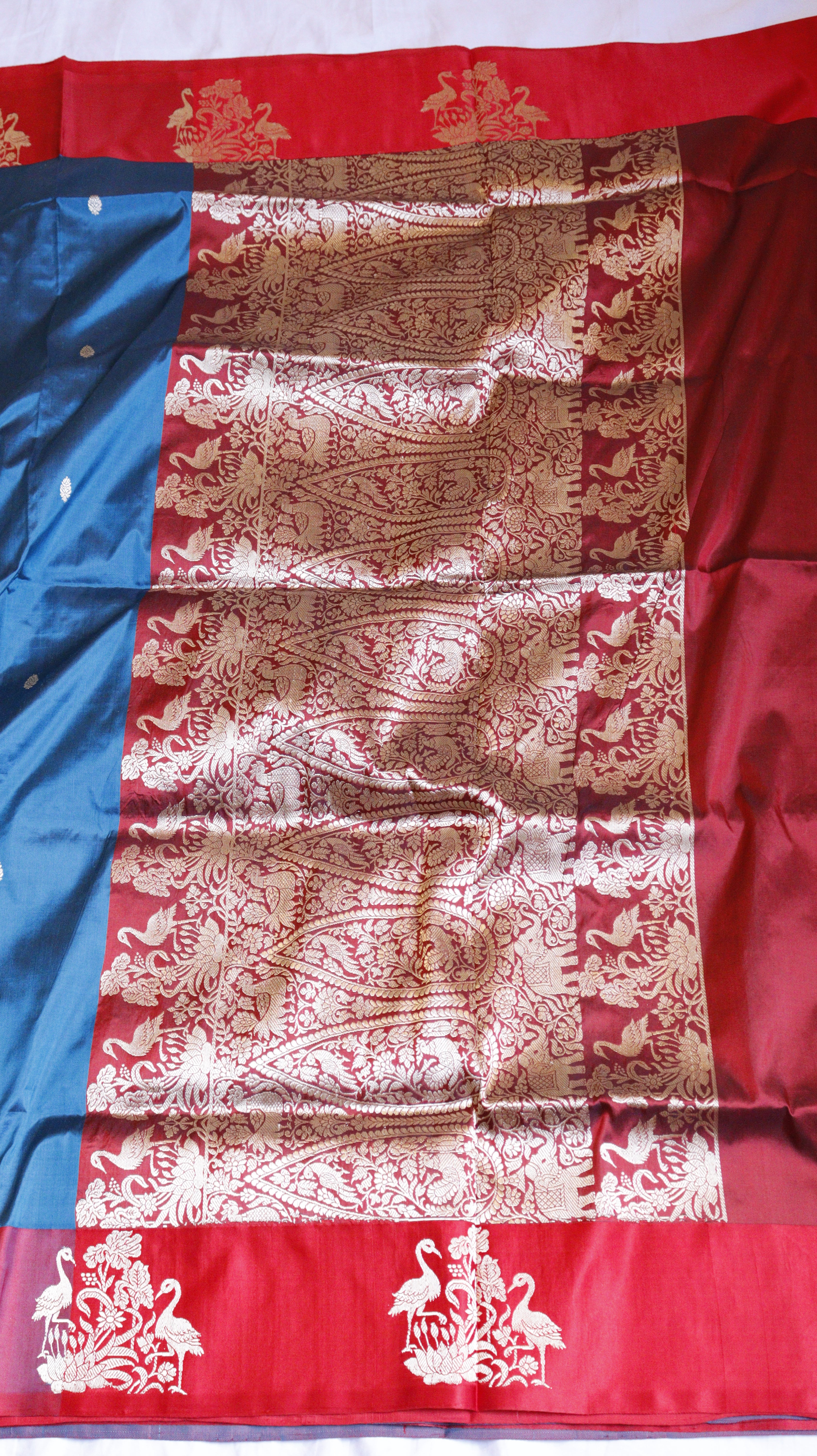 Peacock Blue Pure Katan Silk Handloom Saree with Contrast Border