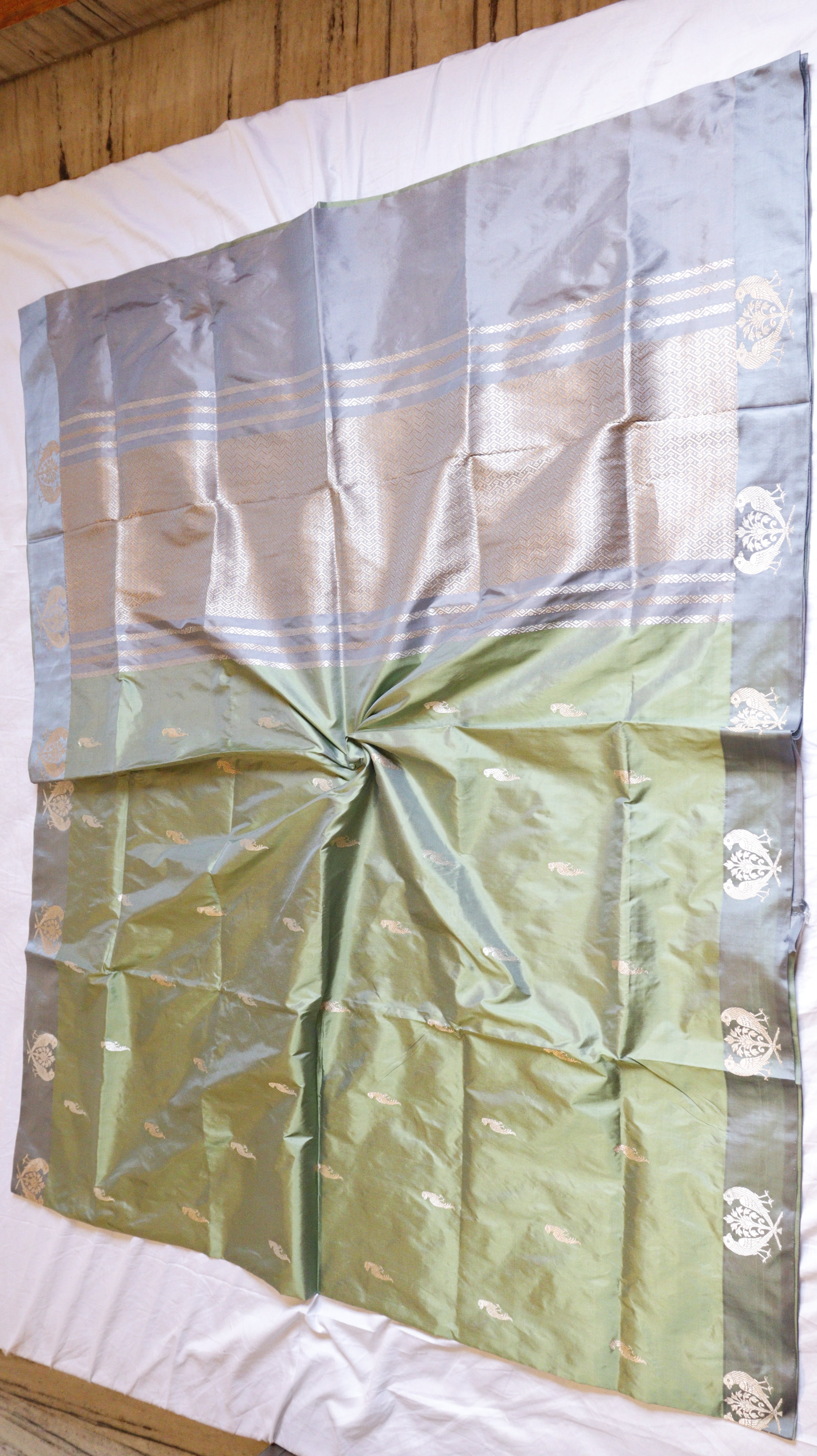 Sage Green Pure Katan Silk Handloom Saree with Contrast Border