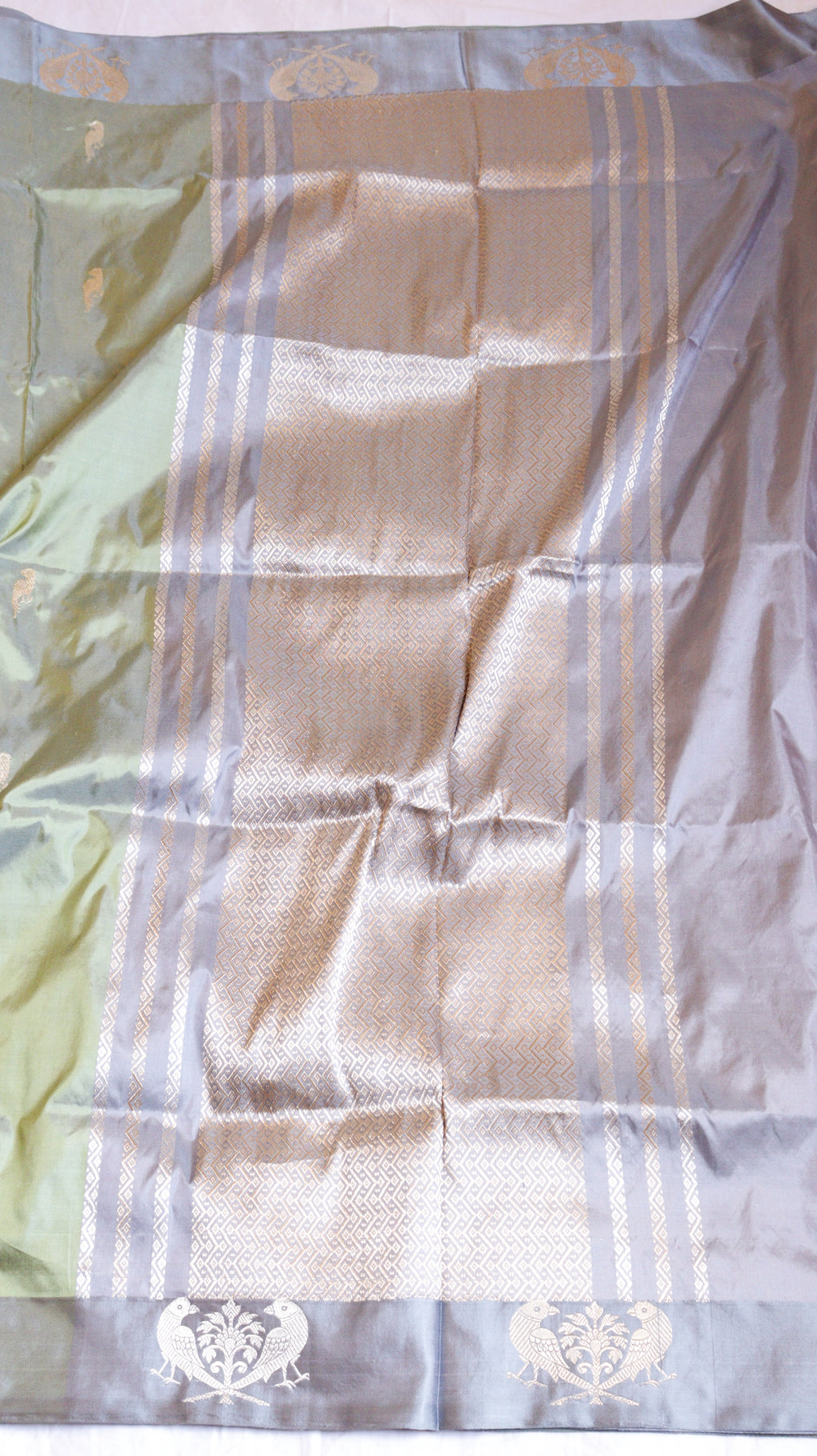 Sage Green Pure Katan Silk Handloom Saree with Contrast Border