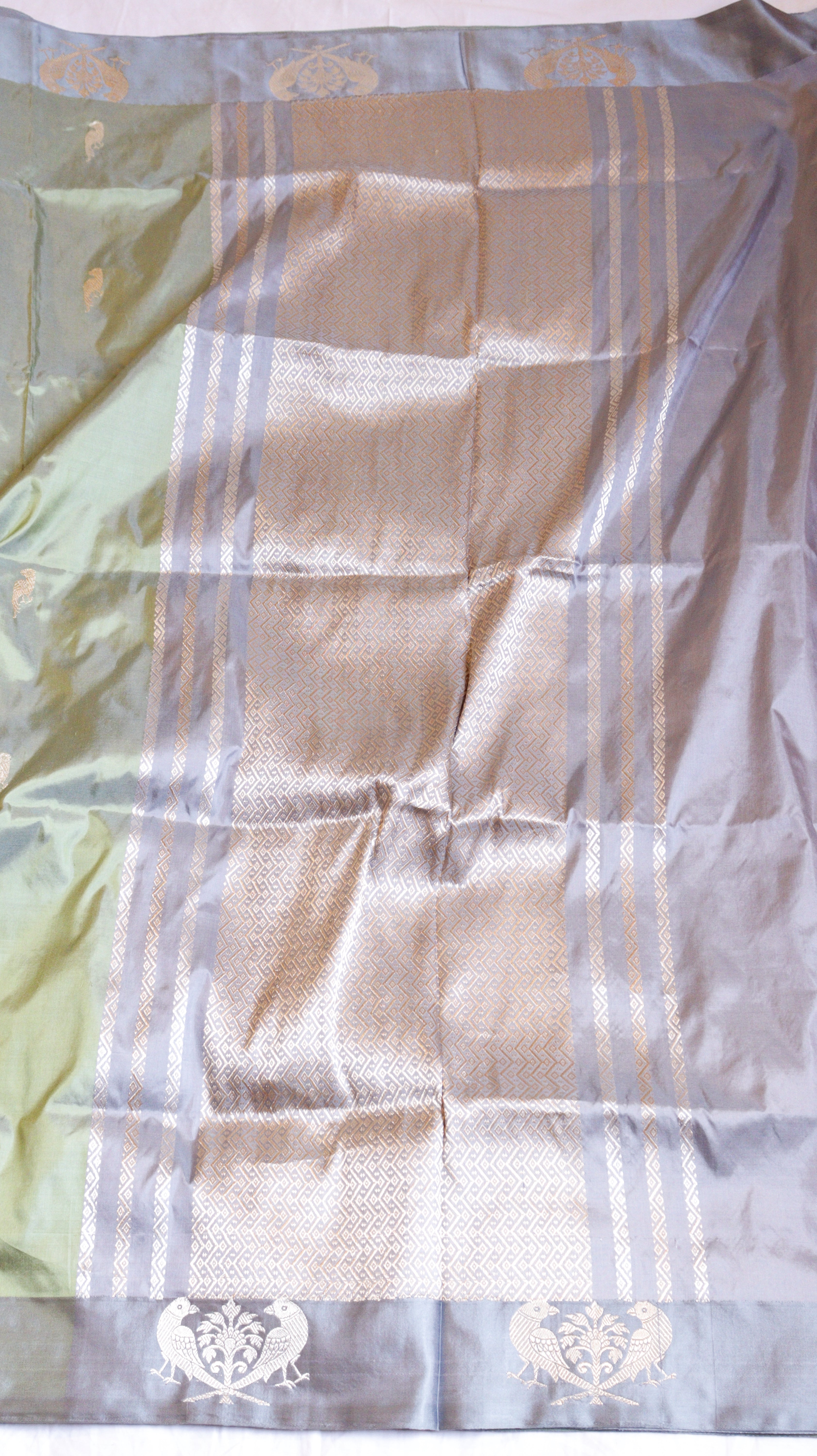 Sage Green Pure Katan Silk Handloom Saree with Contrast Border