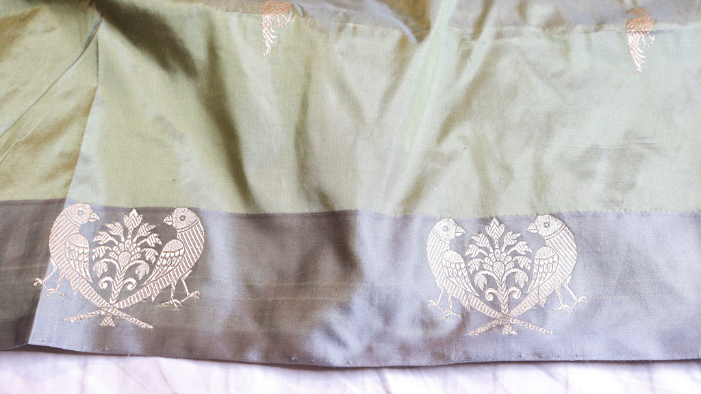 Sage Green Pure Katan Silk Handloom Saree with Contrast Border