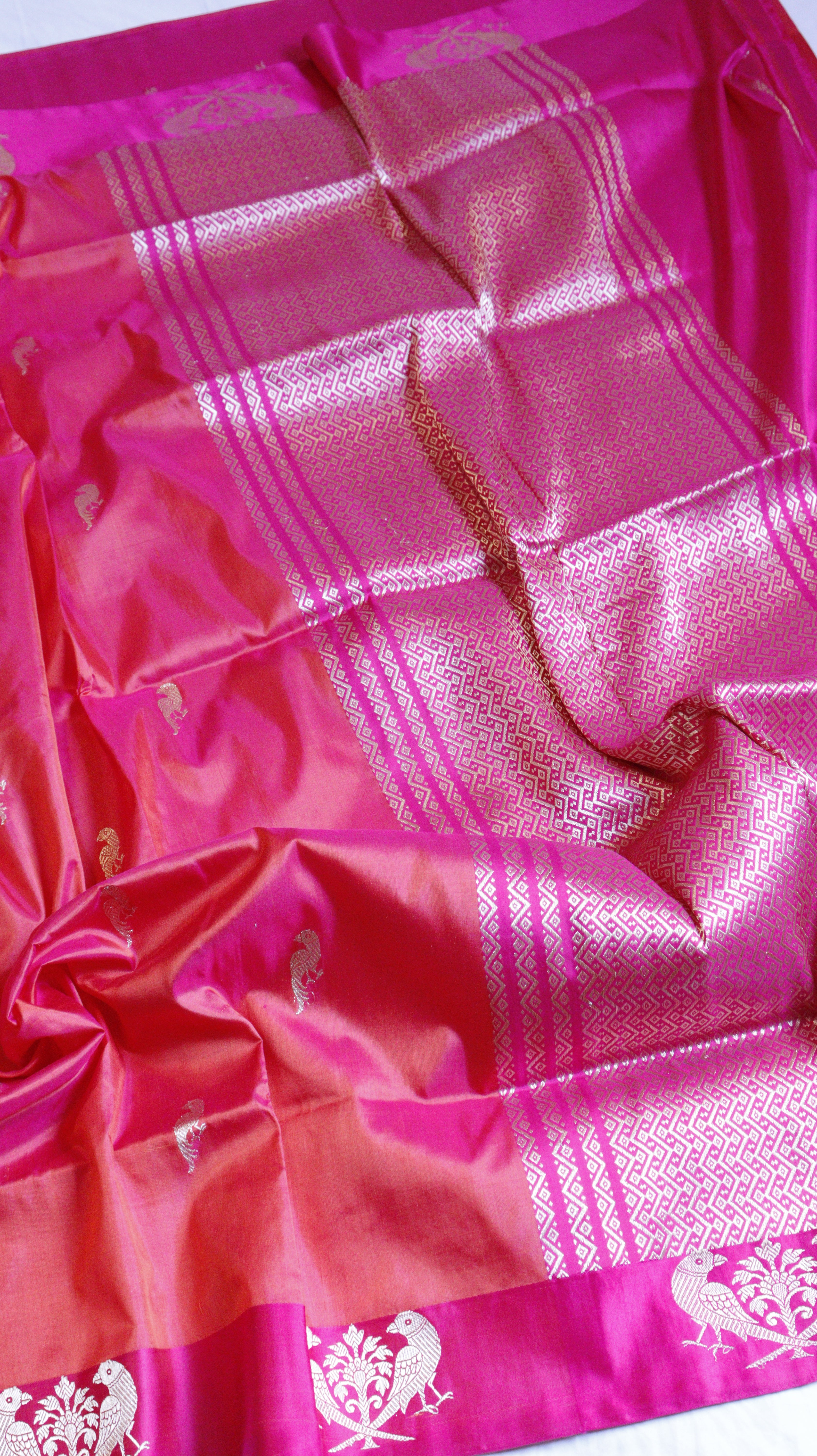 Pink Pure Katan Silk Handloom Saree with Contrast Border