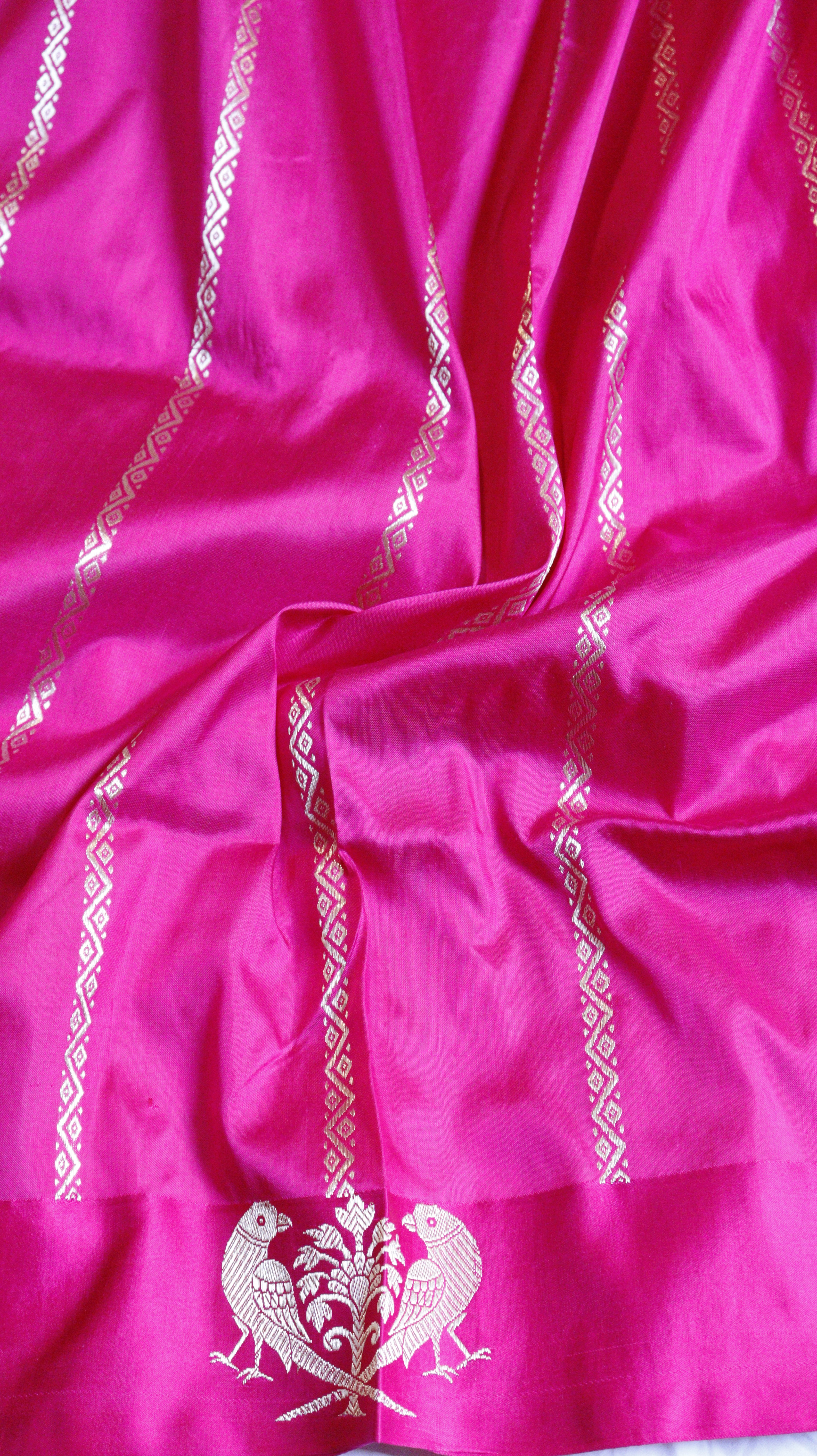 Pink Pure Katan Silk Handloom Saree with Contrast Border