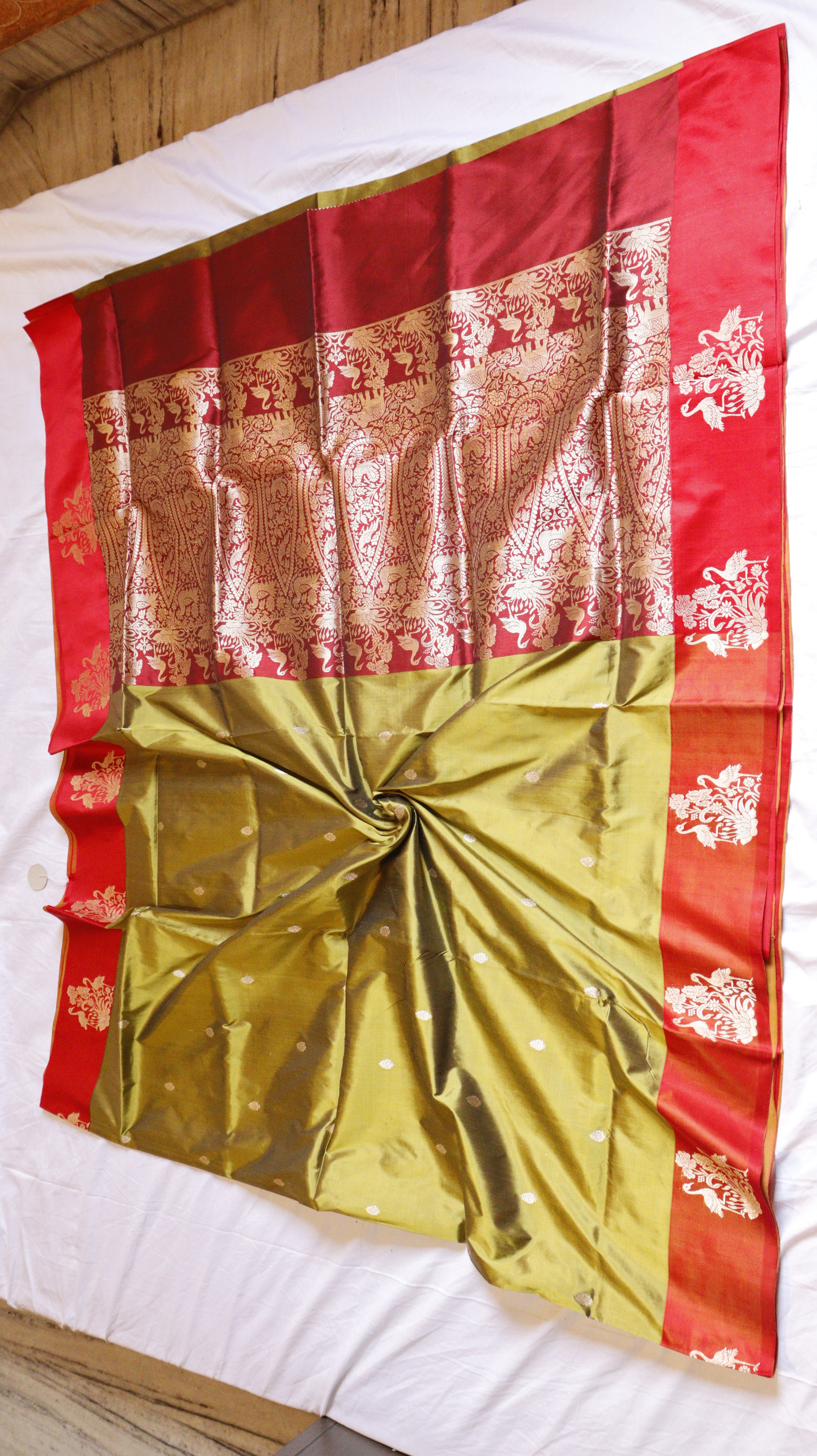 Olive Green Pure Katan Silk Handloom Saree with Contrast Border