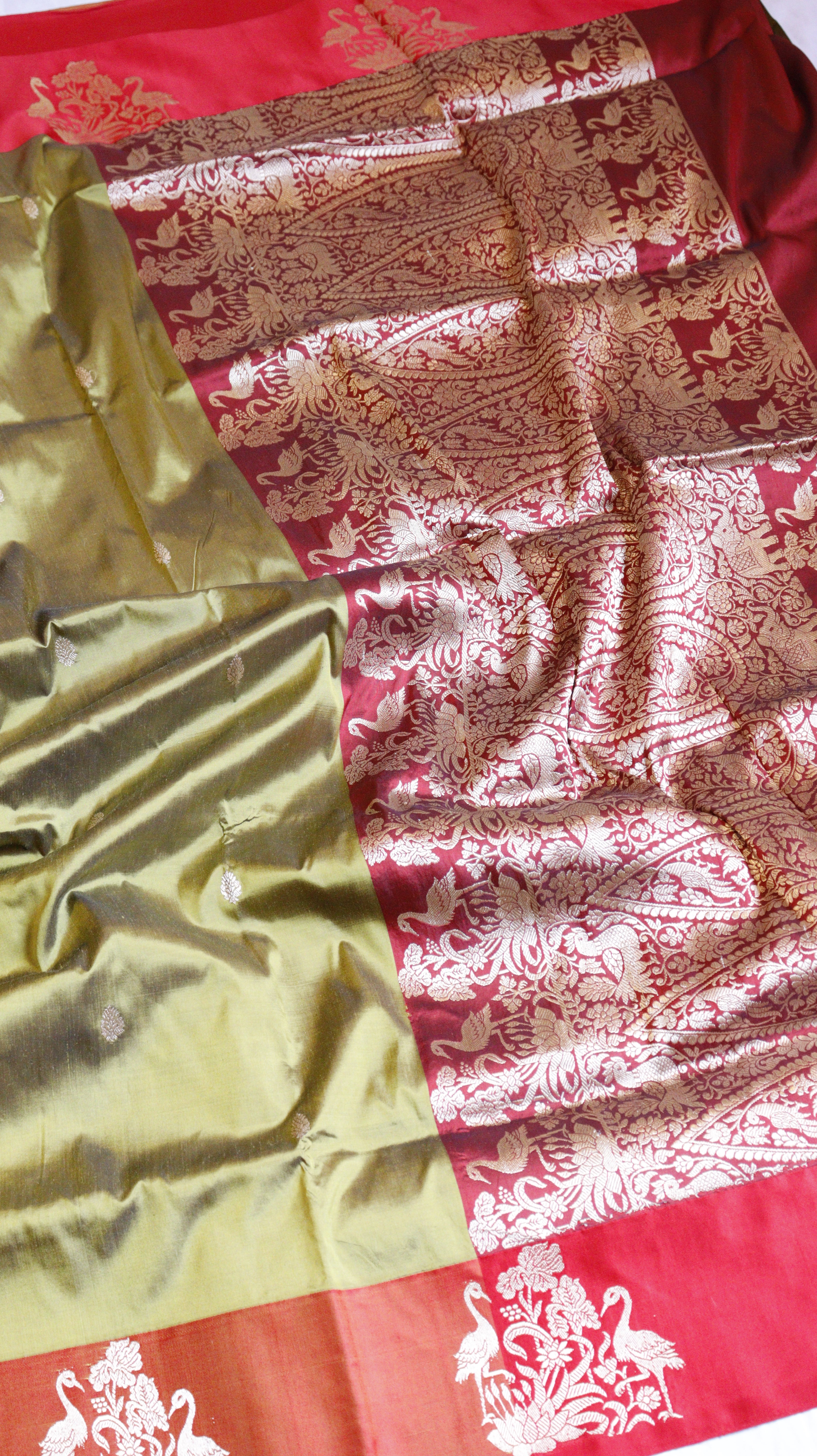 Olive Green Pure Katan Silk Handloom Saree with Contrast Border
