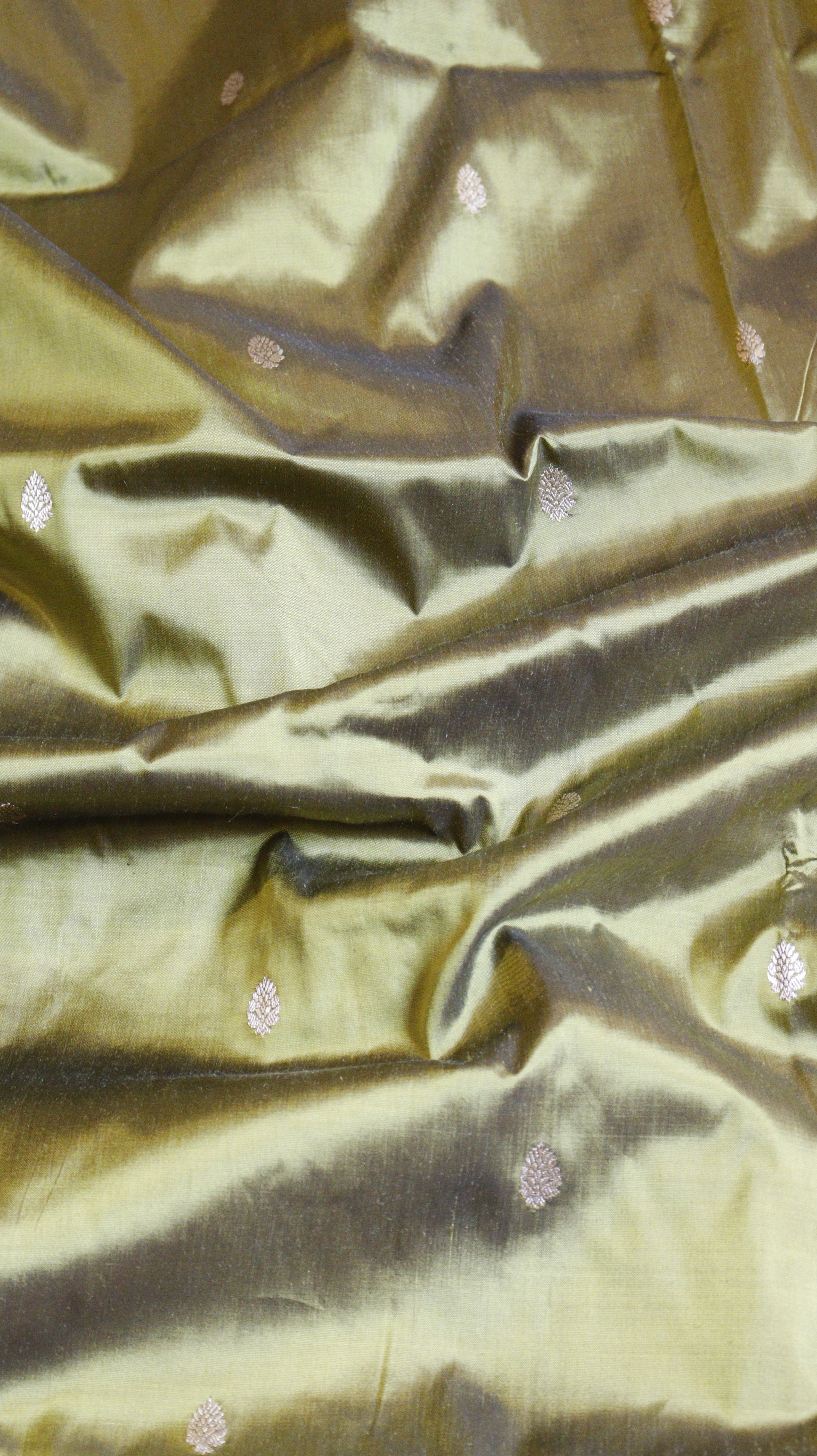 Olive Green Pure Katan Silk Handloom Saree with Contrast Border