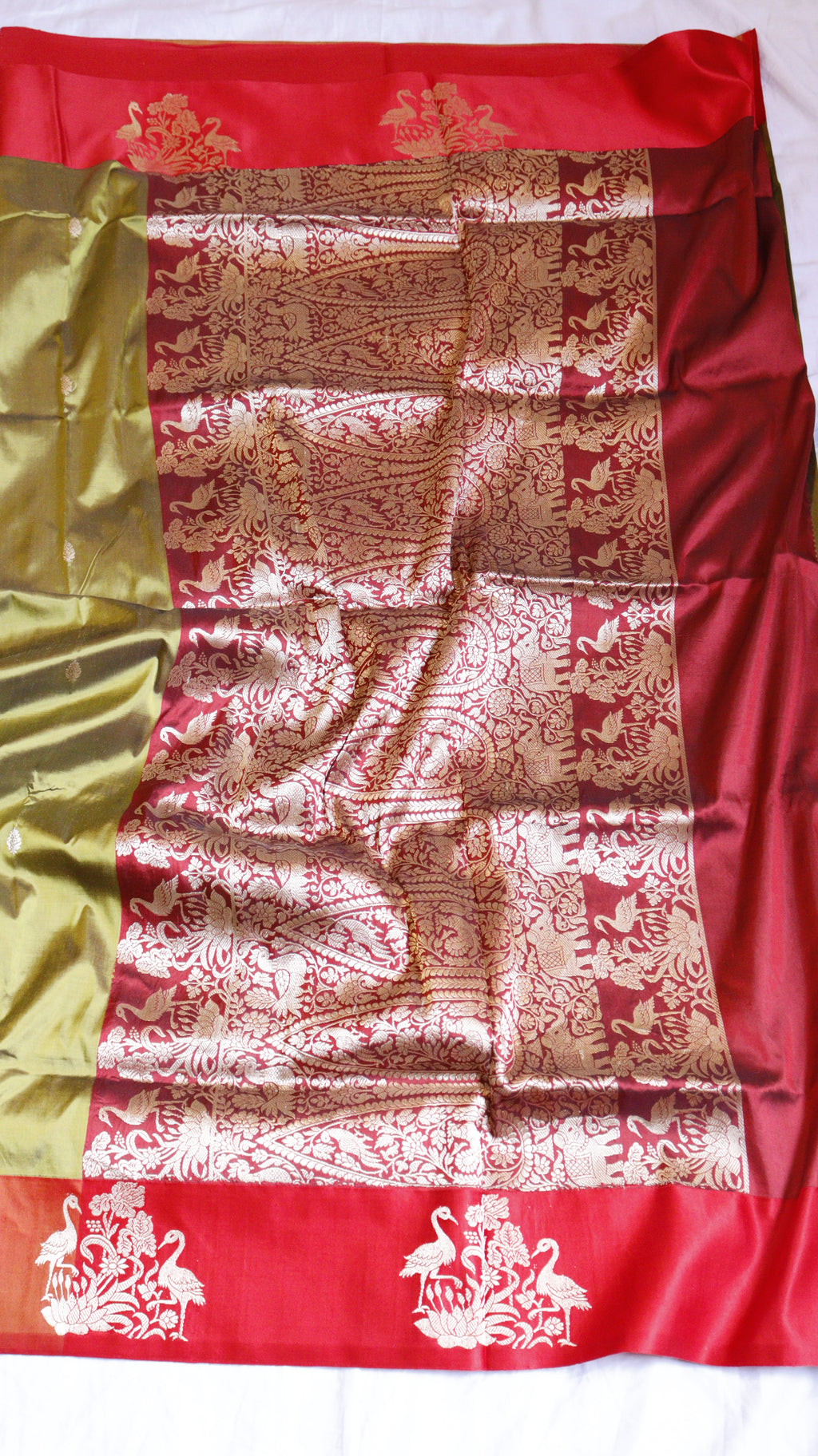 Olive Green Pure Katan Silk Handloom Saree with Contrast Border