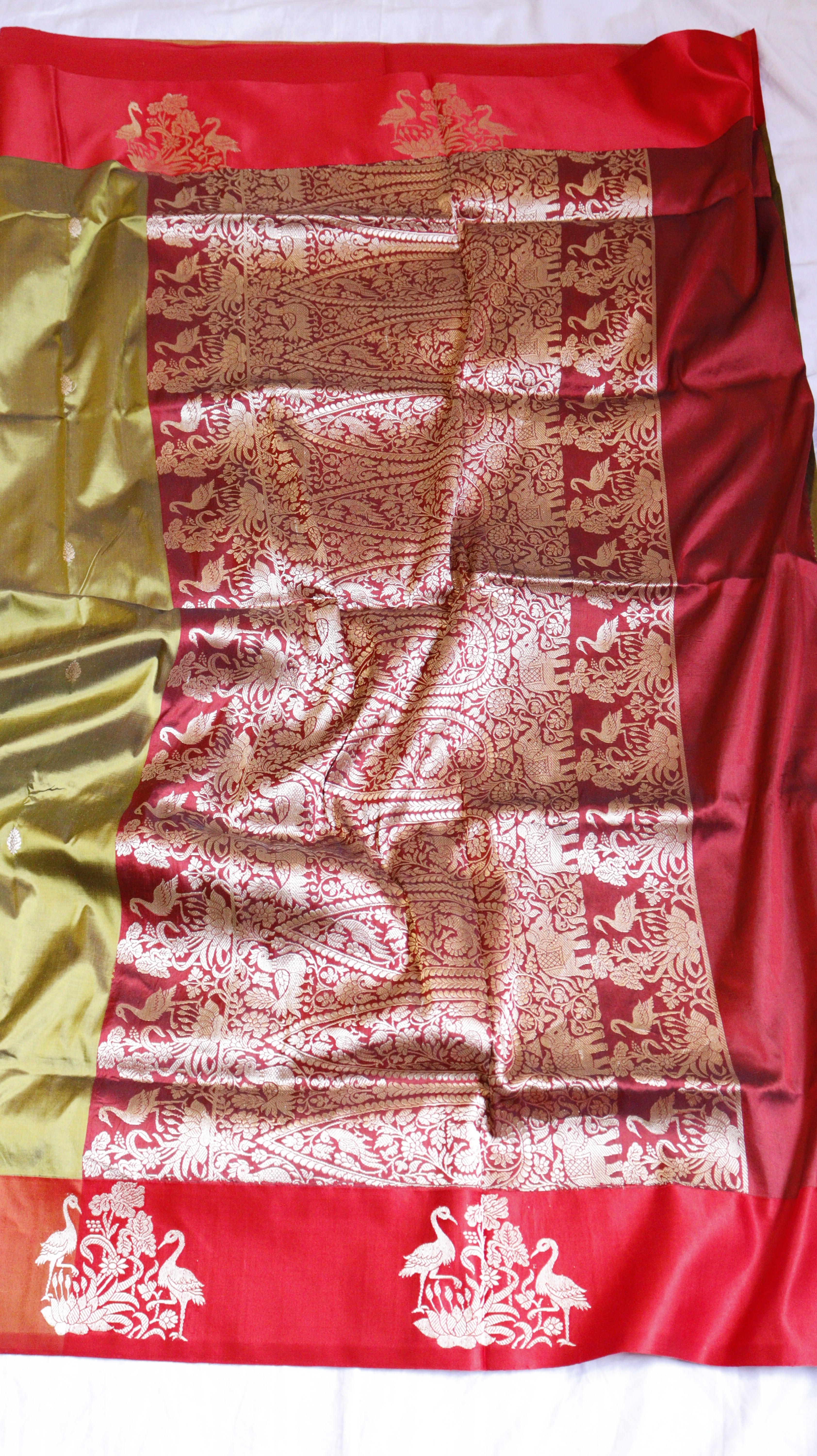 Olive Green Pure Katan Silk Handloom Saree with Contrast Border