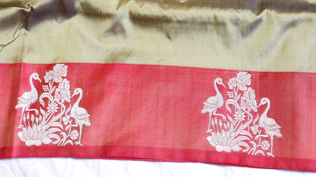 Olive Green Pure Katan Silk Handloom Saree with Contrast Border
