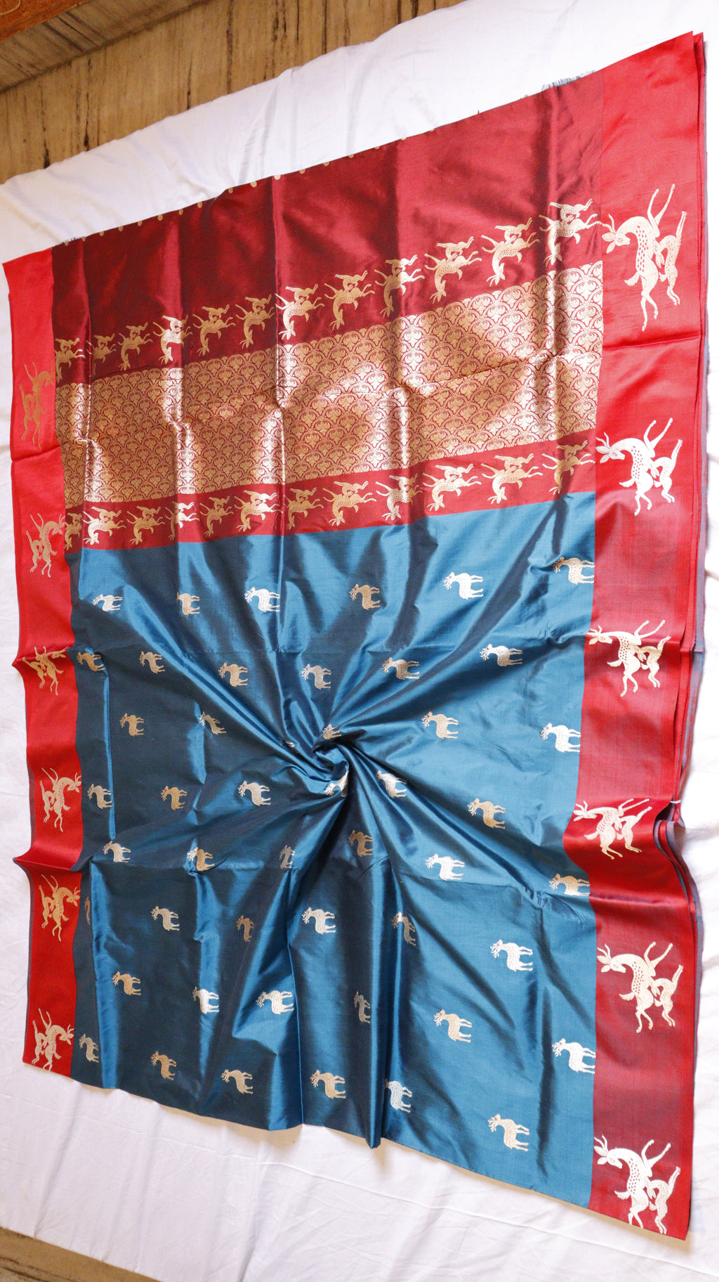 Teal Blue Pure Katan Silk Handloom Saree with Contrast Border
