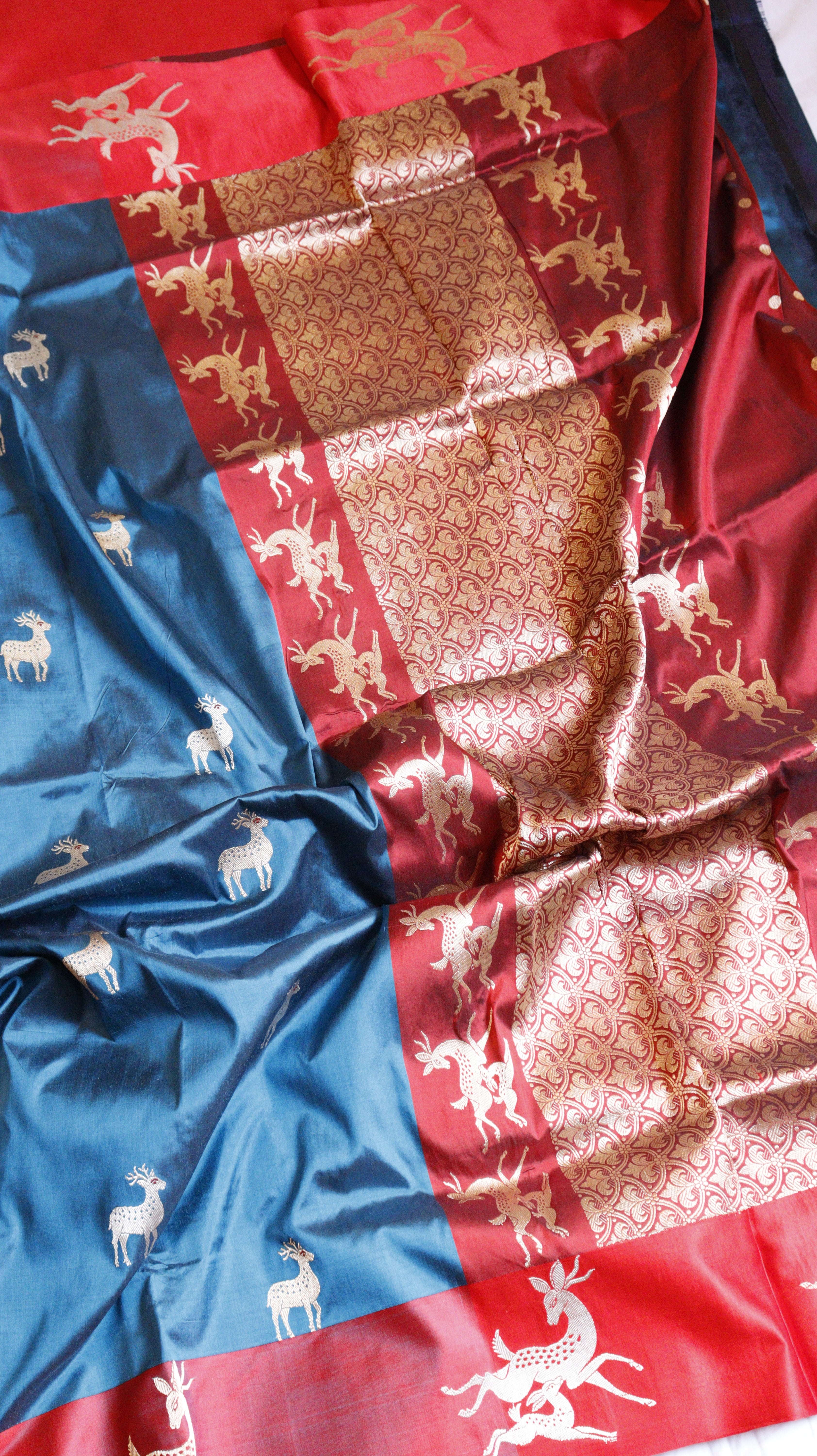 Teal Blue Pure Katan Silk Handloom Saree with Contrast Border