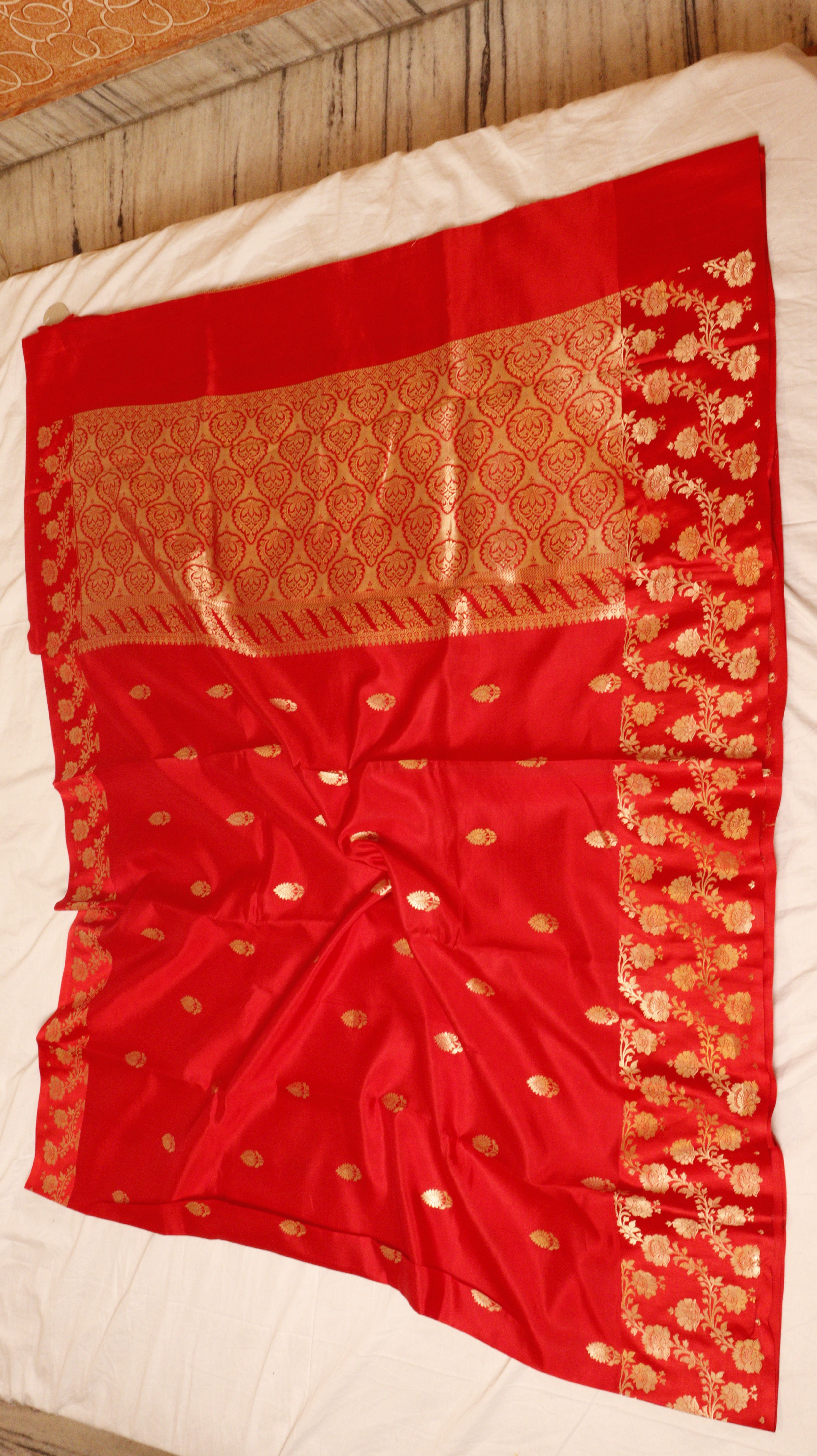 Red Pure Soft Katan Silk Handloom Saree with Broad Border