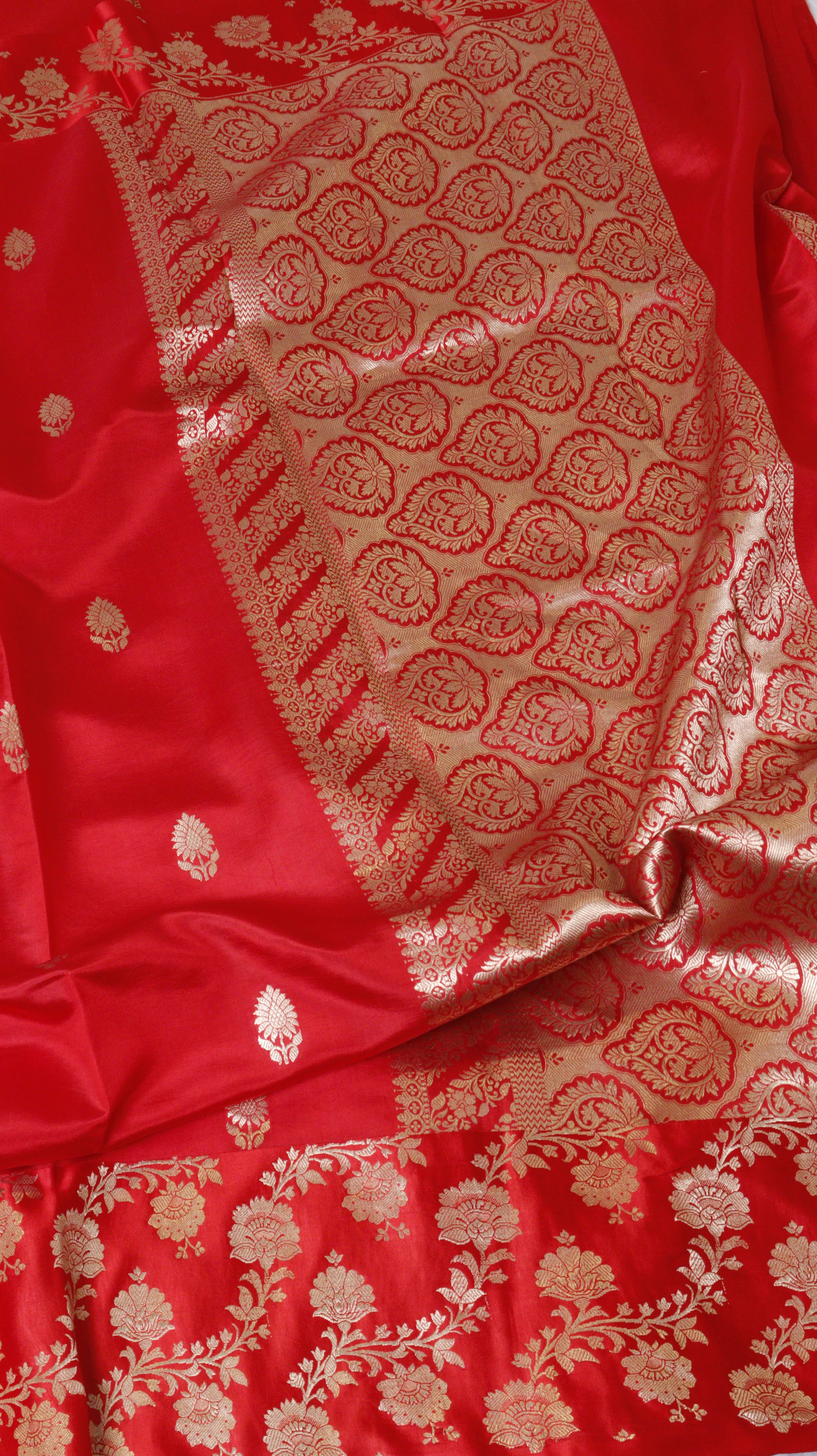 Red Pure Soft Katan Silk Handloom Saree with Broad Border