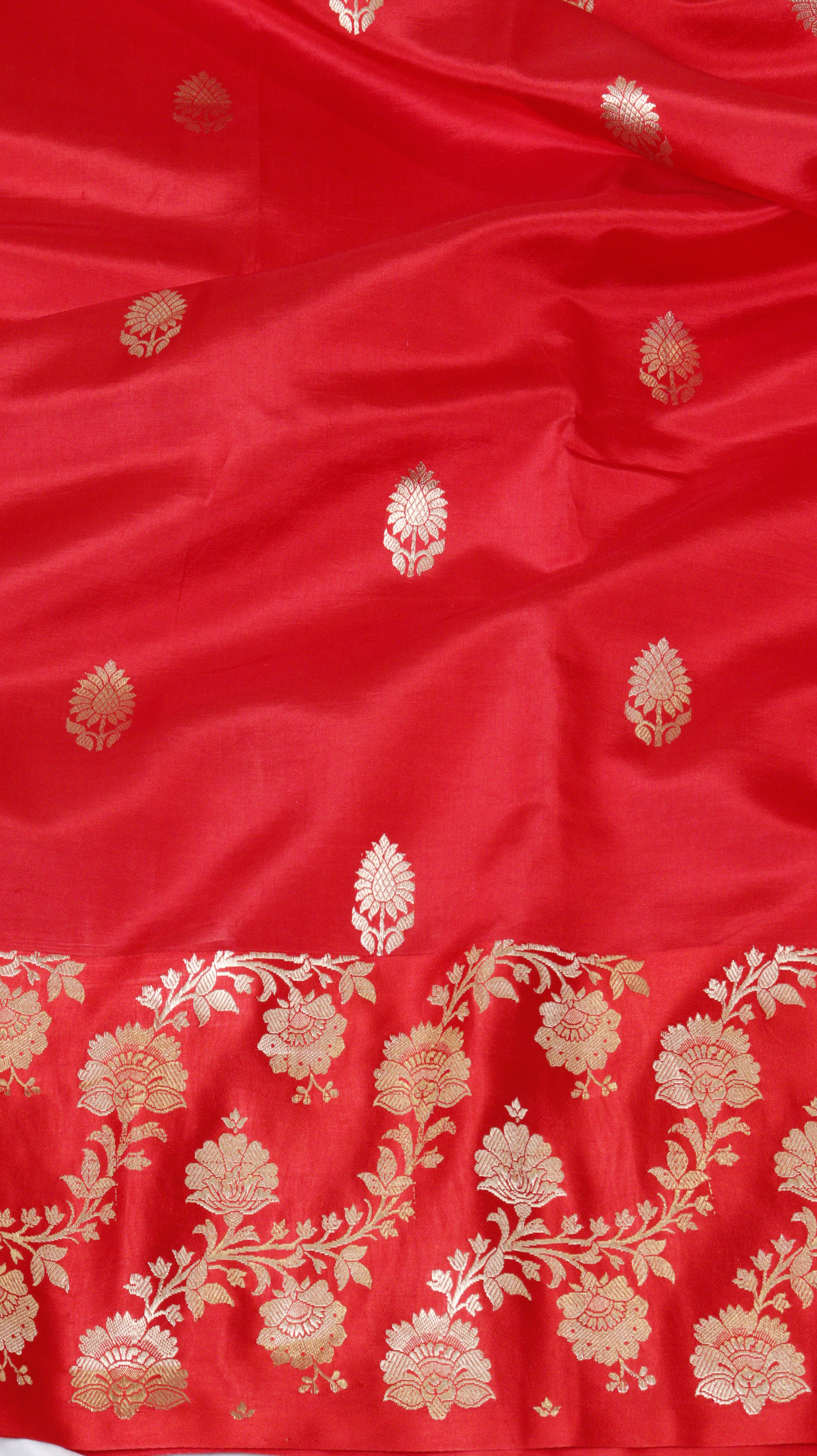 Red Pure Soft Katan Silk Handloom Saree with Broad Border