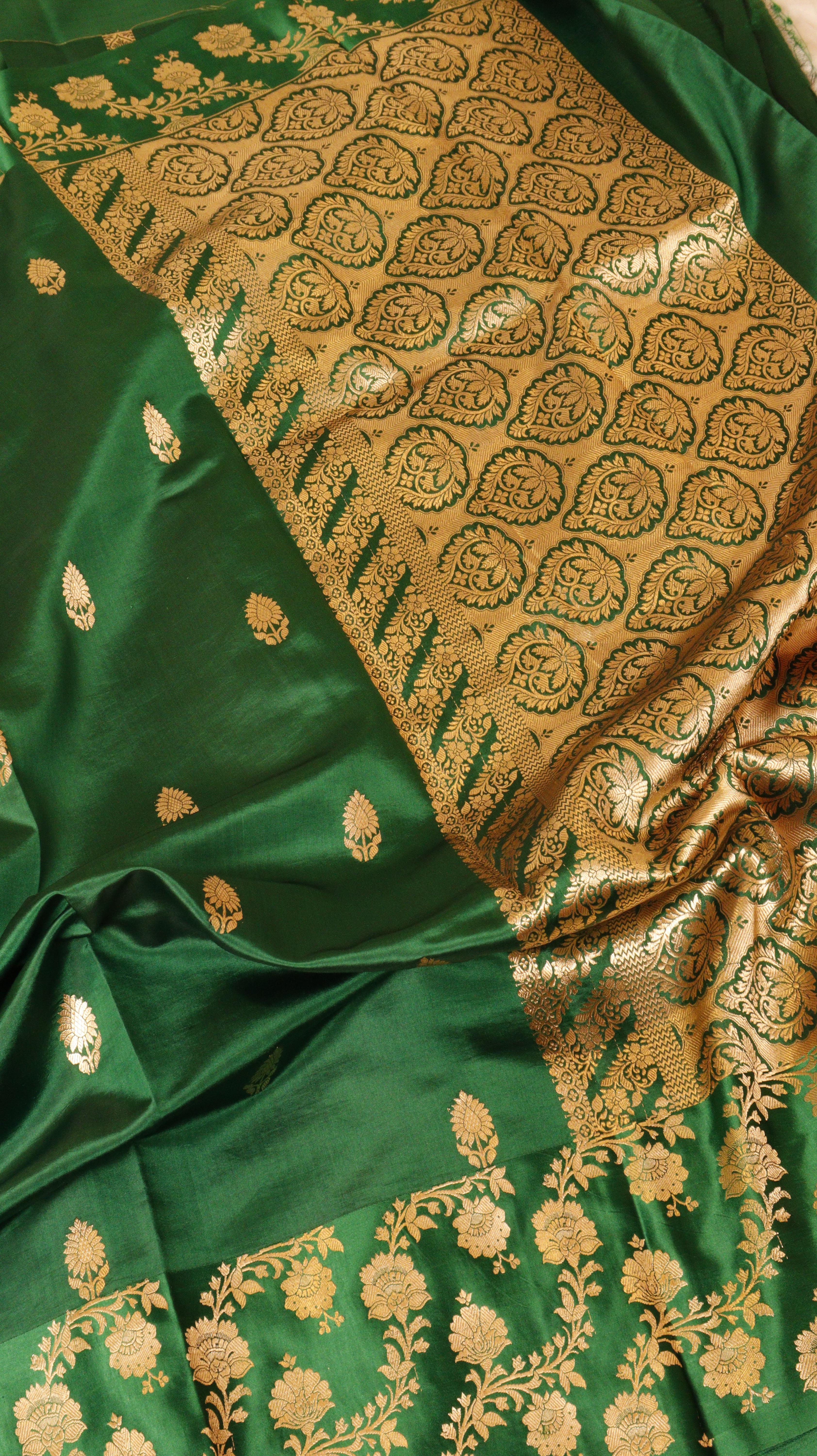 Deep Green Pure Soft Katan Silk Handloom Saree with Broad Border