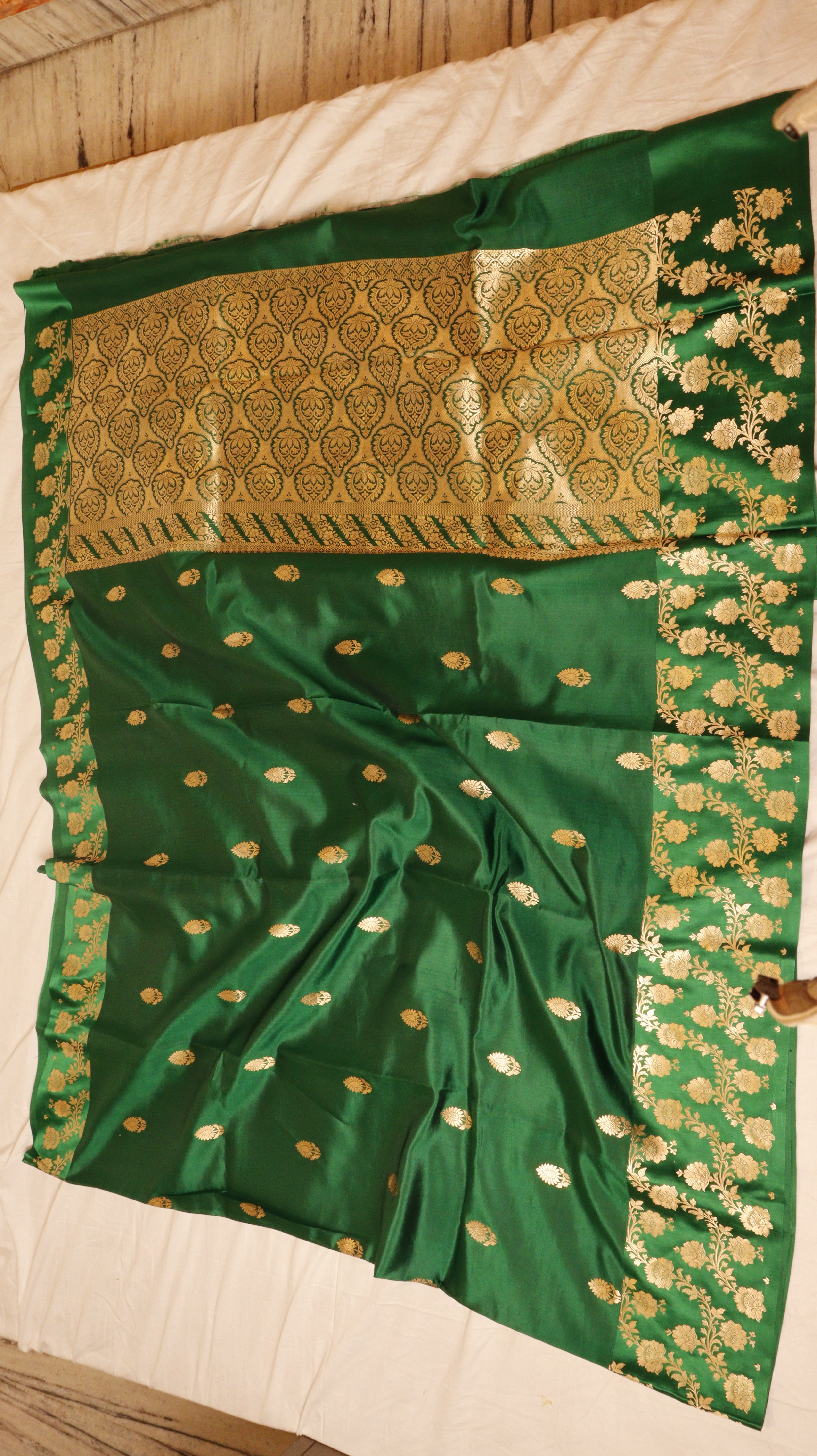 Deep Green Pure Soft Katan Silk Handloom Saree with Broad Border