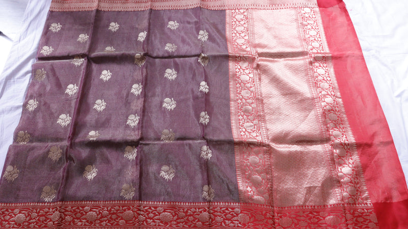 Maroon Pure Tissue Silk Saree with Katan Silk Contrast Border