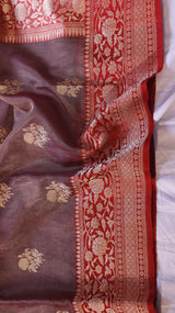 Maroon Pure Tissue Silk Saree with Katan Silk Contrast Border