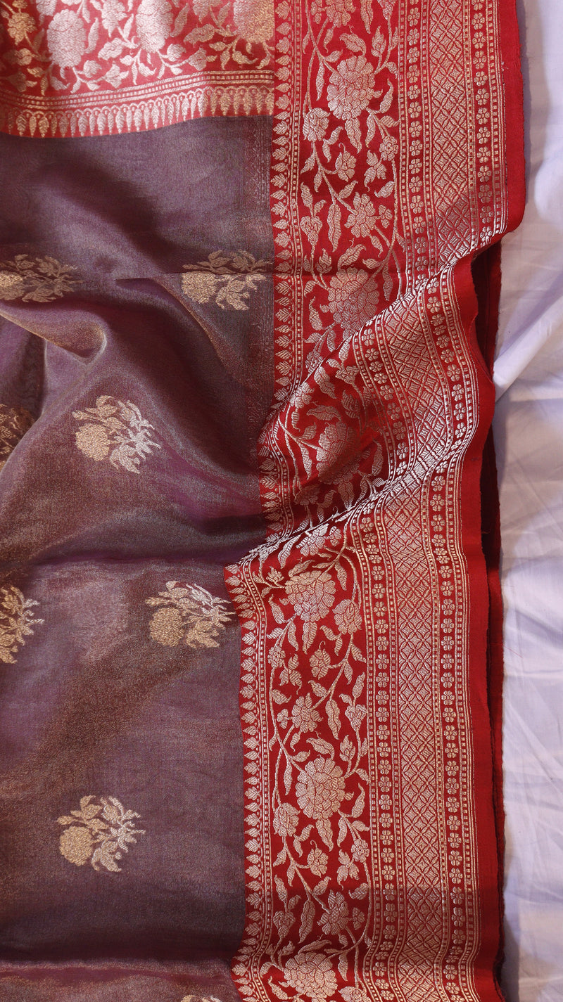 Maroon Pure Tissue Silk Saree with Katan Silk Contrast Border