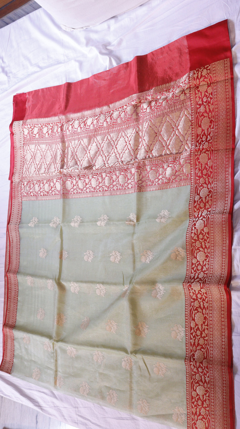 Pre-Order : Pistal Green Pure Tissue Silk Handloom Saree with Katan Silk Contrast Border