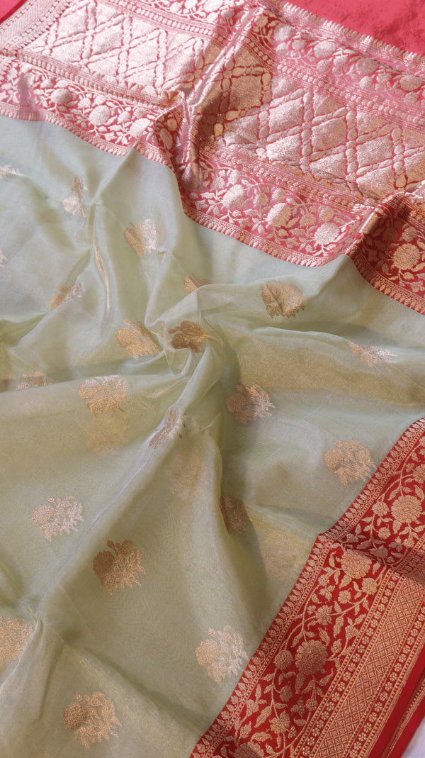 Pre-Order : Pistal Green Pure Tissue Silk Handloom Saree with Katan Silk Contrast Border
