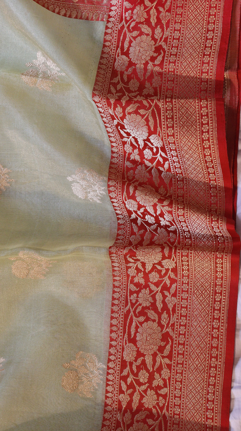 Pre-Order : Pistal Green Pure Tissue Silk Handloom Saree with Katan Silk Contrast Border