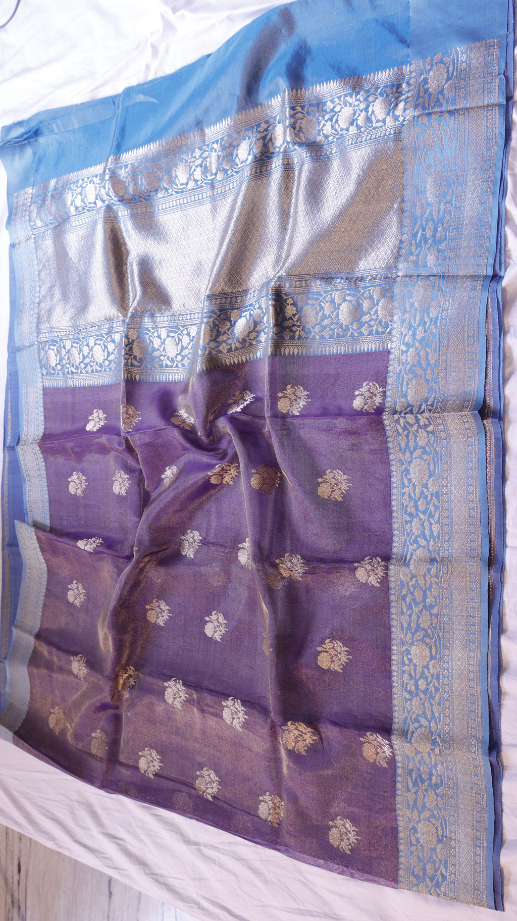 Pre-Order : Purple Pure Tissue Silk Saree with Katan Silk Contrast Border