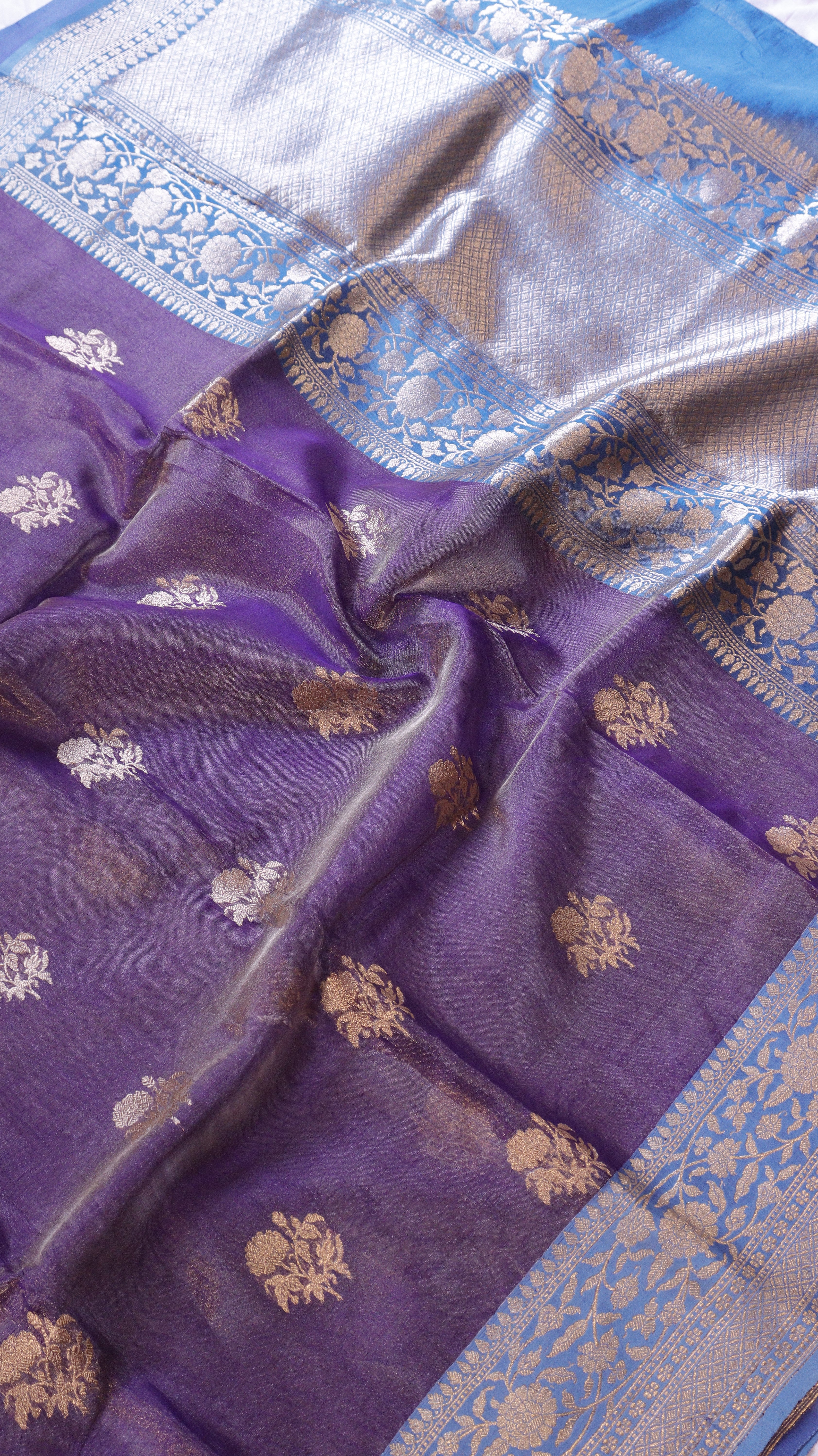 Pre-Order : Purple Pure Tissue Silk Saree with Katan Silk Contrast Border