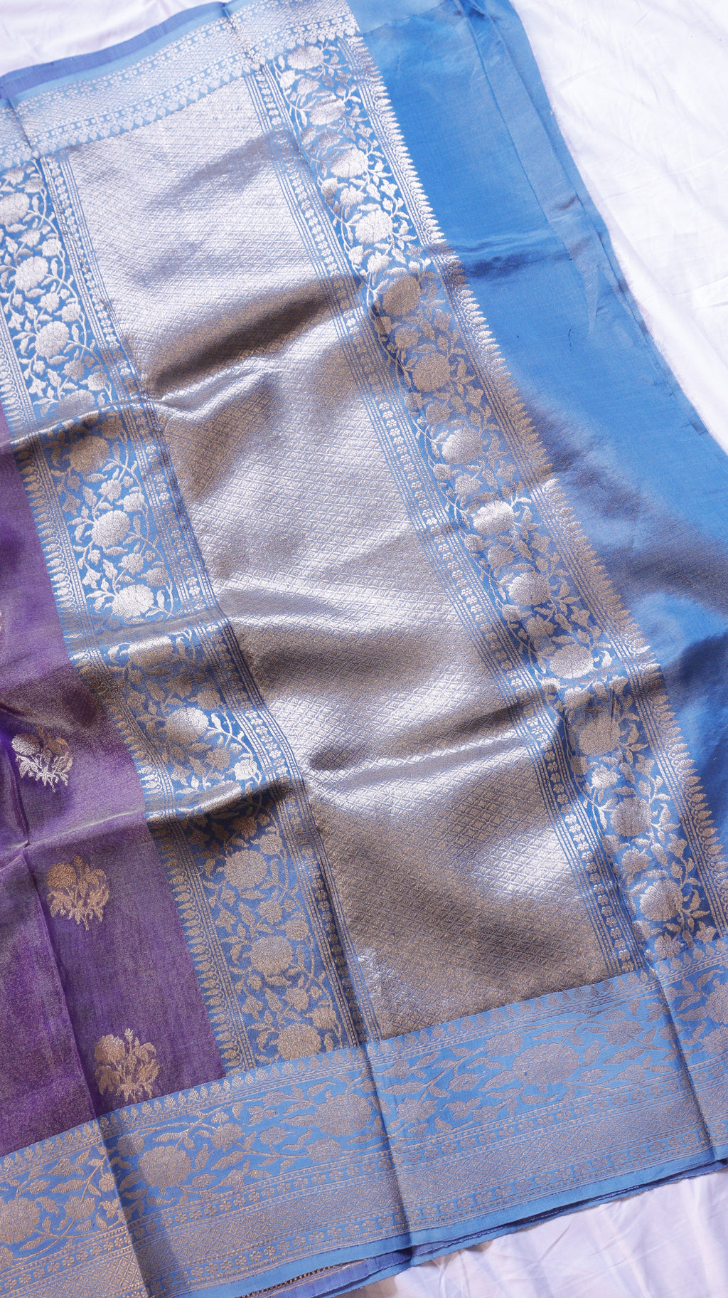 Pre-Order : Purple Pure Tissue Silk Saree with Katan Silk Contrast Border