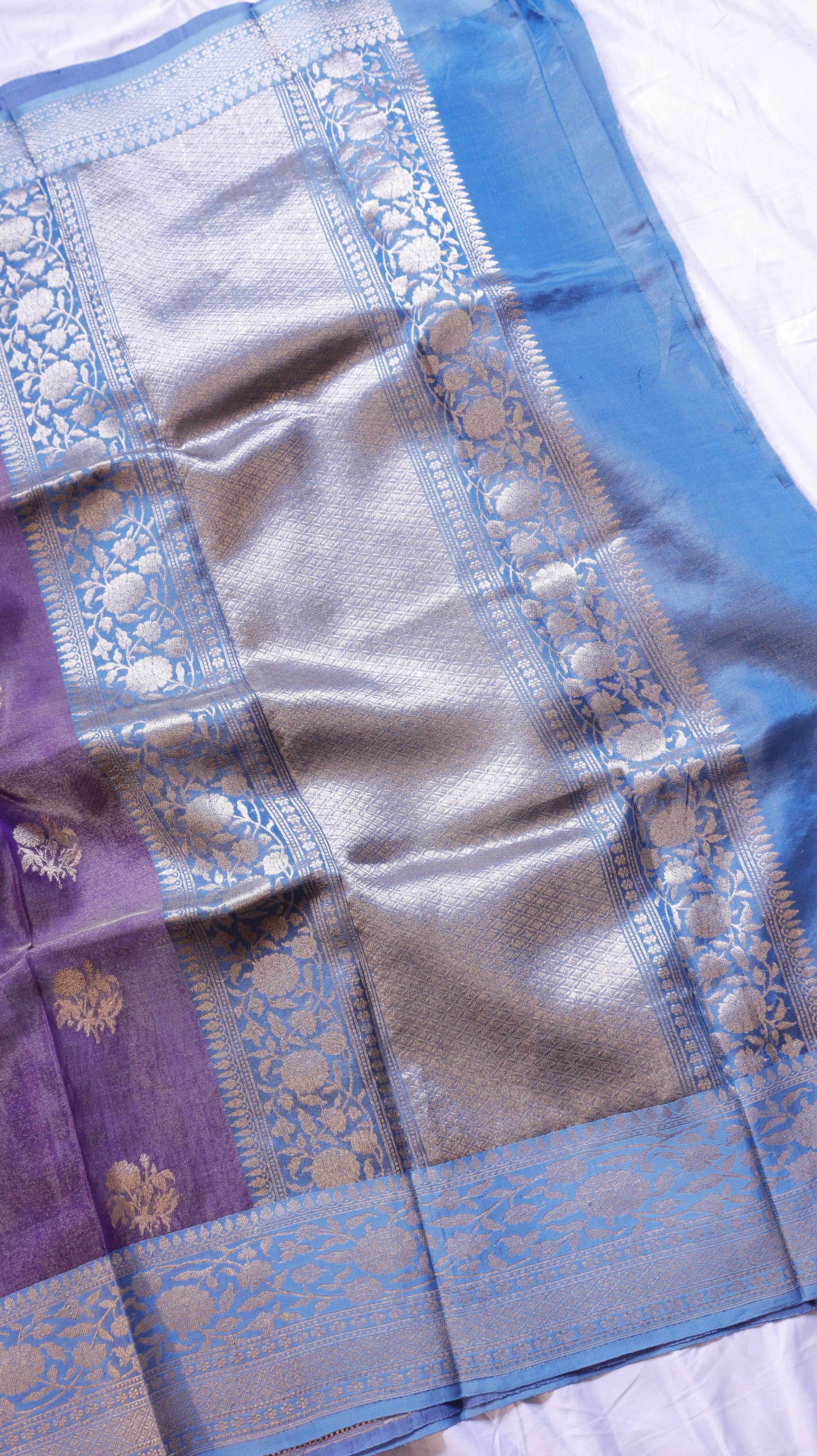 Pre-Order : Purple Pure Tissue Silk Saree with Katan Silk Contrast Border