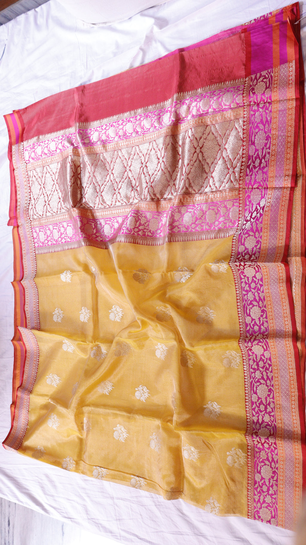 Pre-Order : Yellow Pure Tissue Silk Handloom Saree with Katan Silk Contrast Border