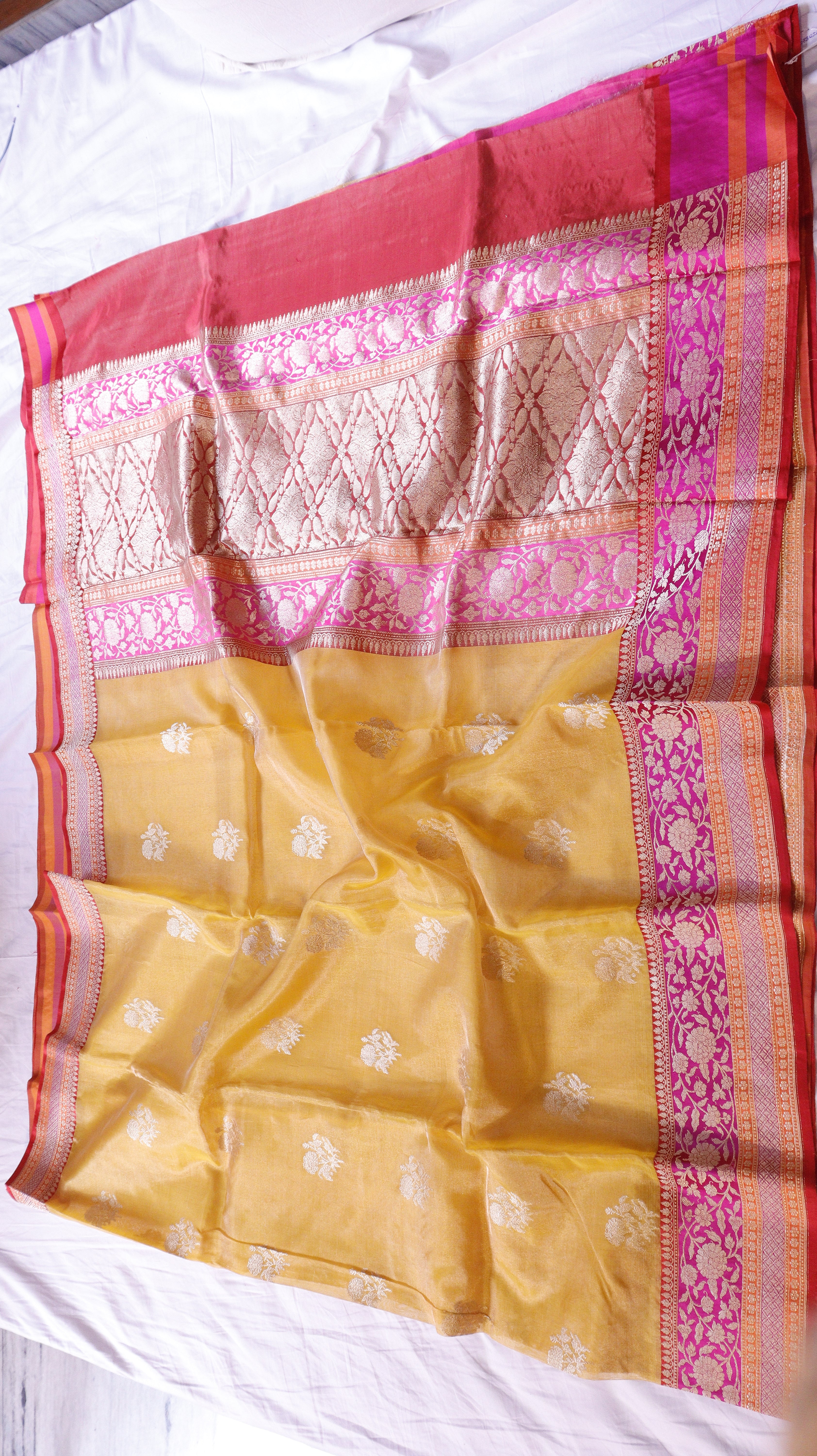 Pre-Order : Yellow Pure Tissue Silk Handloom Saree with Katan Silk Contrast Border