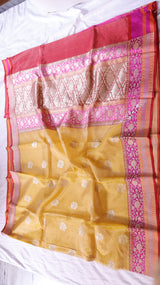Yellow Pure Tissue Silk Handloom Saree with Katan Silk Contrast Border