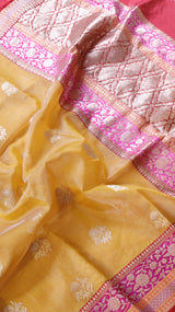 Yellow Pure Tissue Silk Handloom Saree with Katan Silk Contrast Border