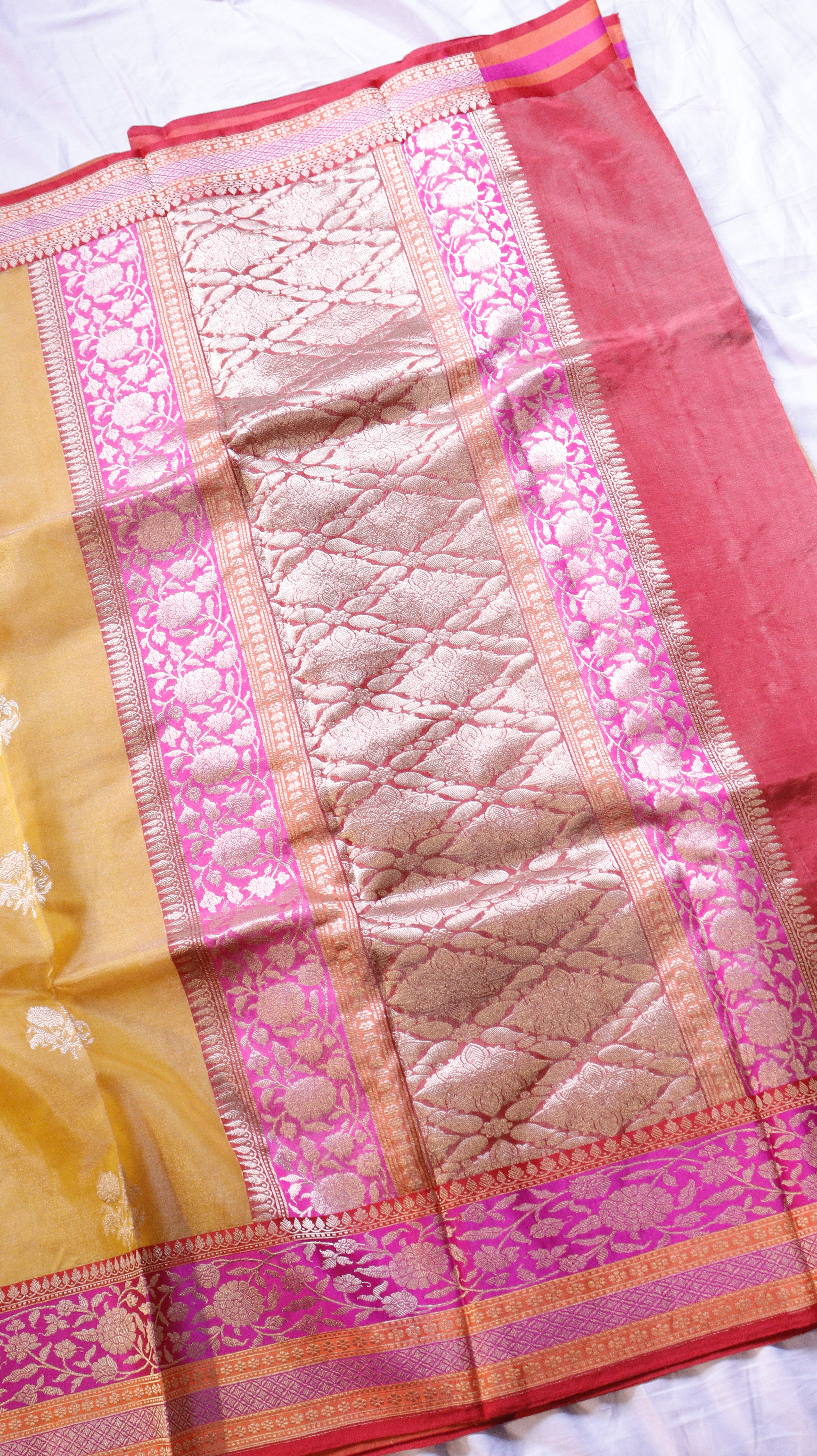 Pre-Order : Yellow Pure Tissue Silk Handloom Saree with Katan Silk Contrast Border