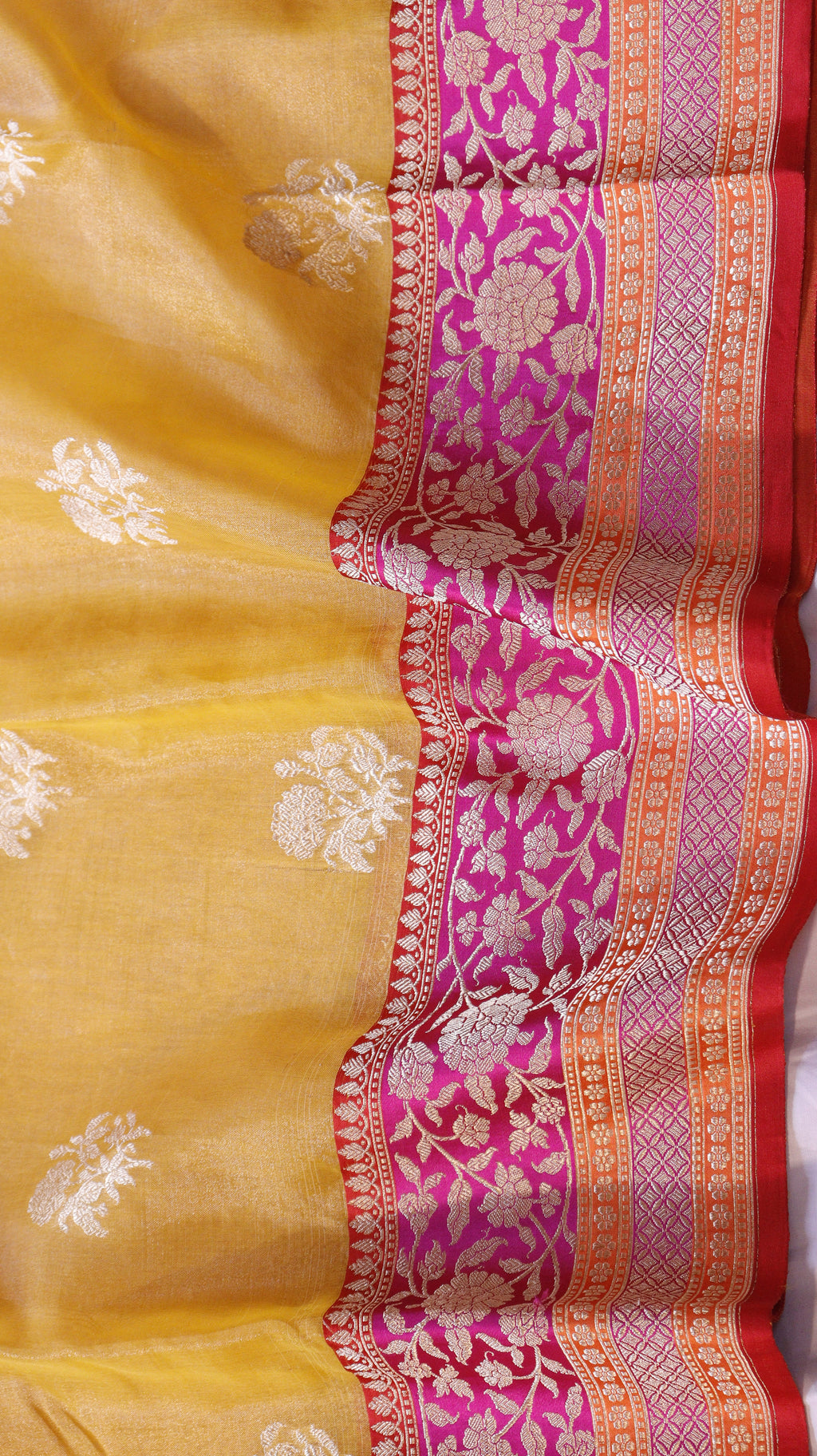 Pre-Order : Yellow Pure Tissue Silk Handloom Saree with Katan Silk Contrast Border