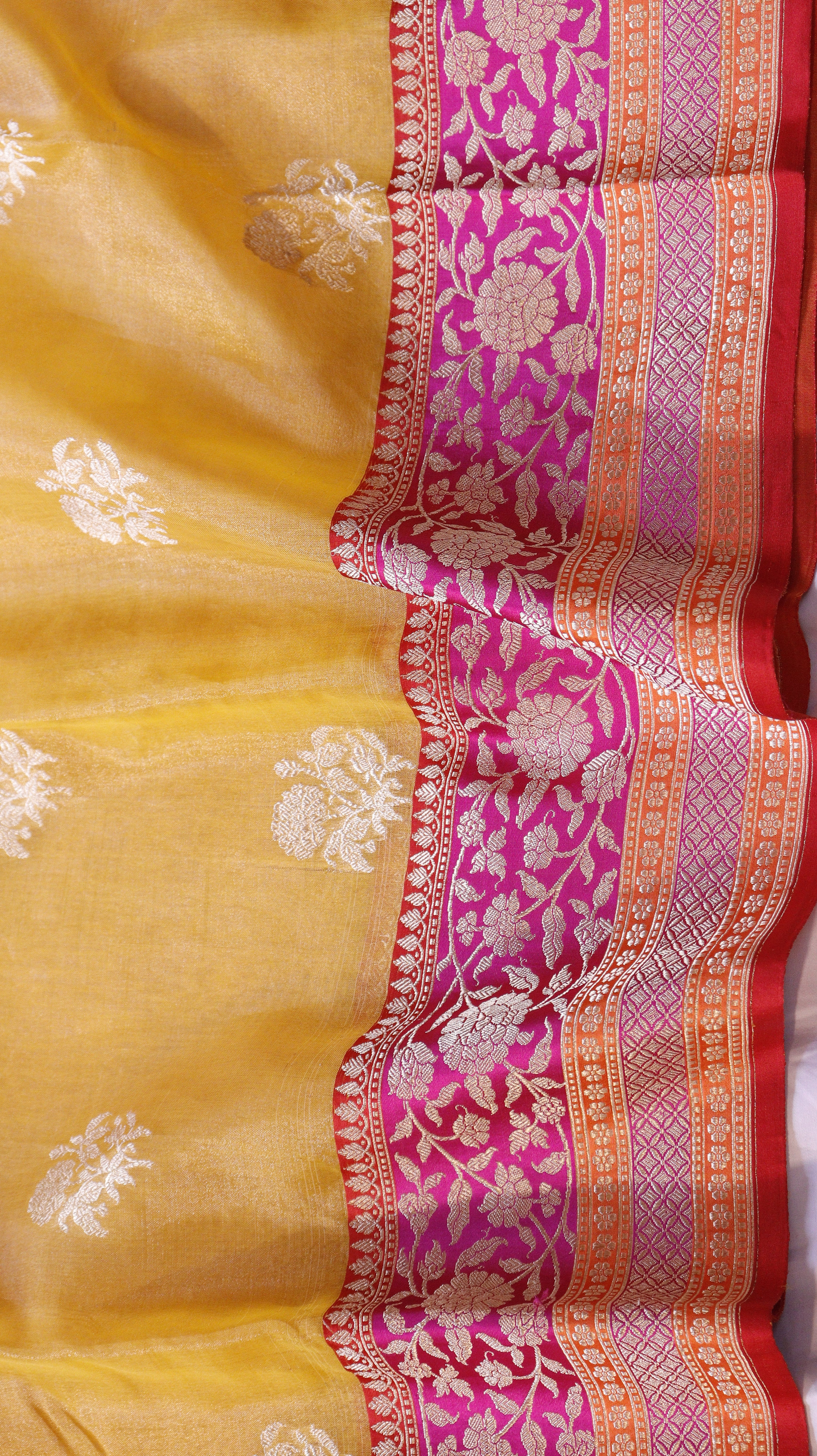 Pre-Order : Yellow Pure Tissue Silk Handloom Saree with Katan Silk Contrast Border