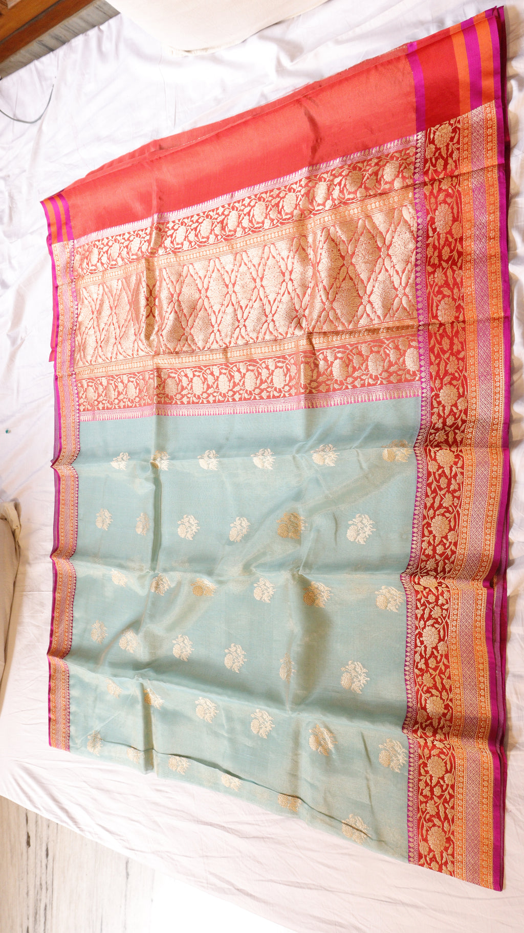 Pre-Order : Aqua Pure Tissue Silk Saree with Katan Silk Contrast Border