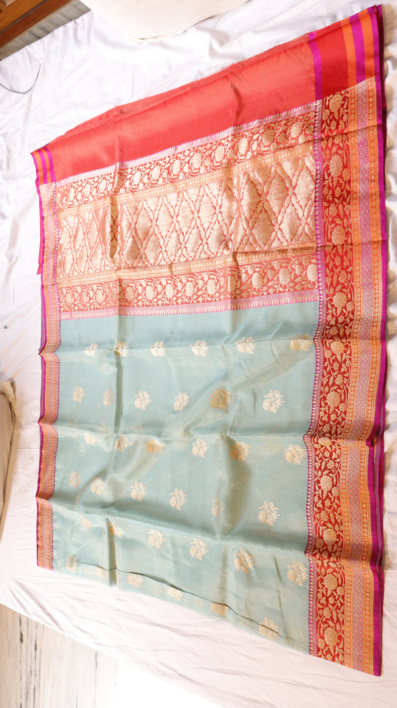 Aqua Pure Tissue Silk Saree with Katan Silk Contrast Border