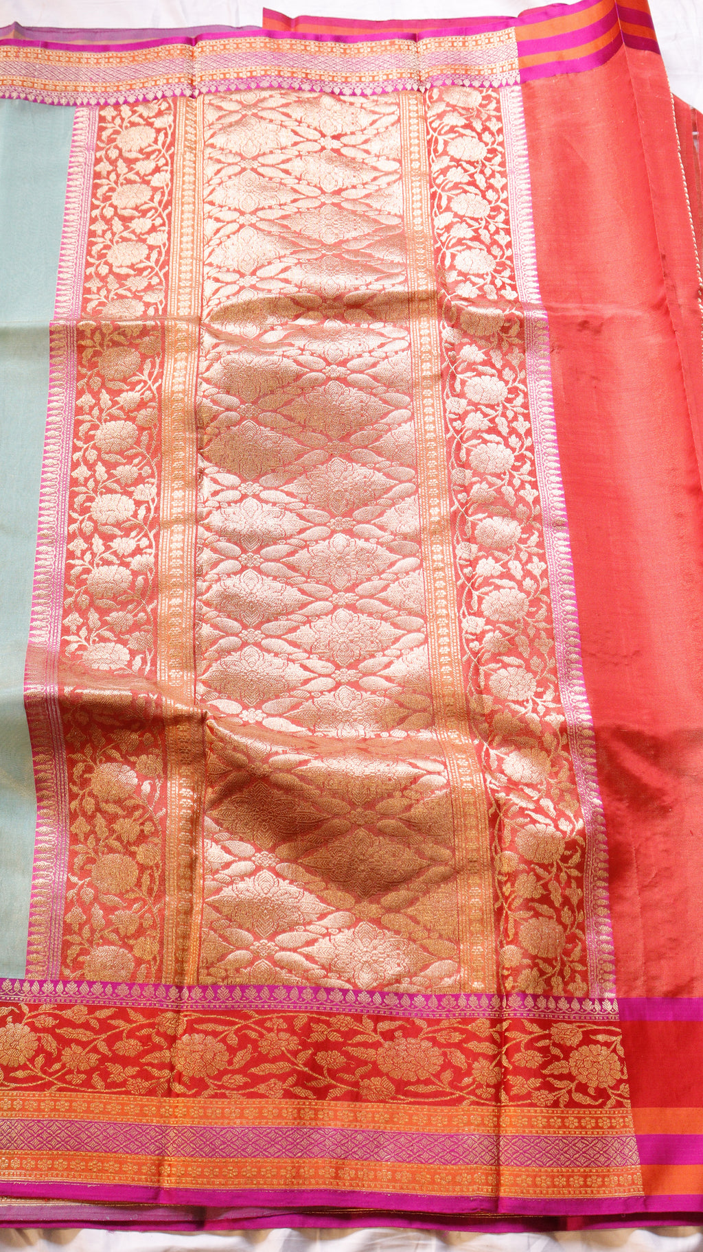Pre-Order : Aqua Pure Tissue Silk Saree with Katan Silk Contrast Border