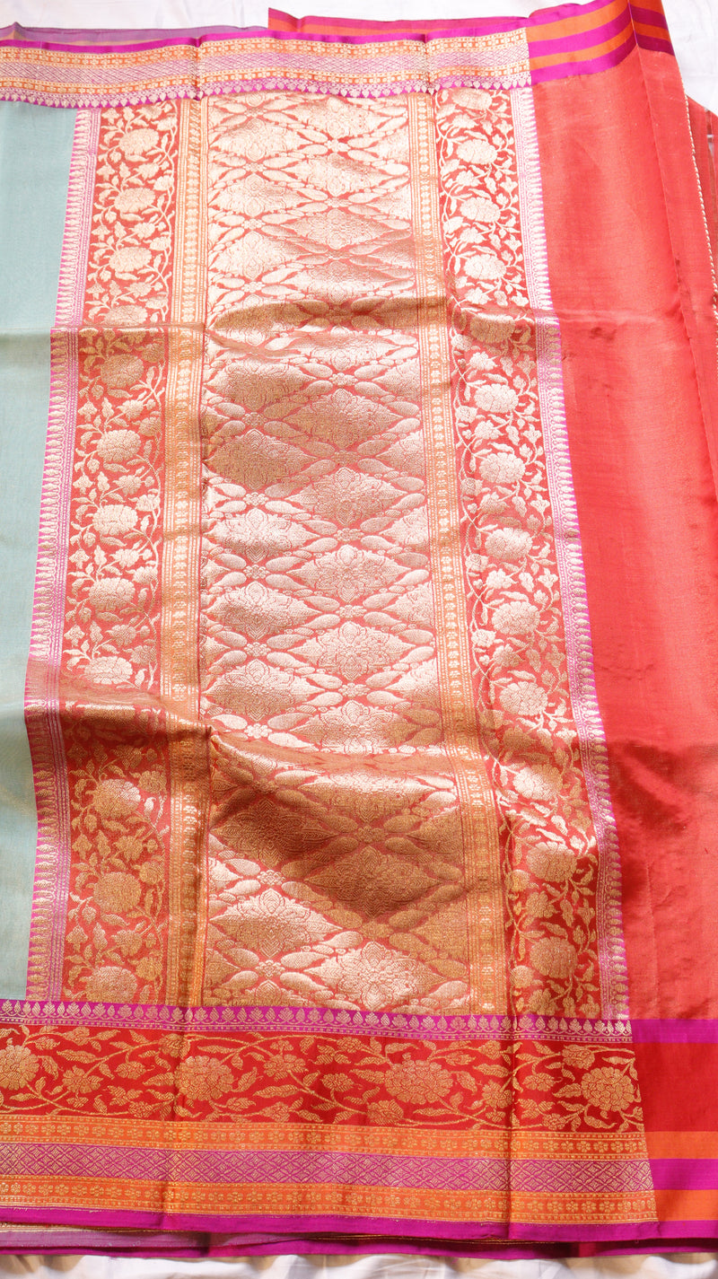 Aqua Pure Tissue Silk Saree with Katan Silk Contrast Border