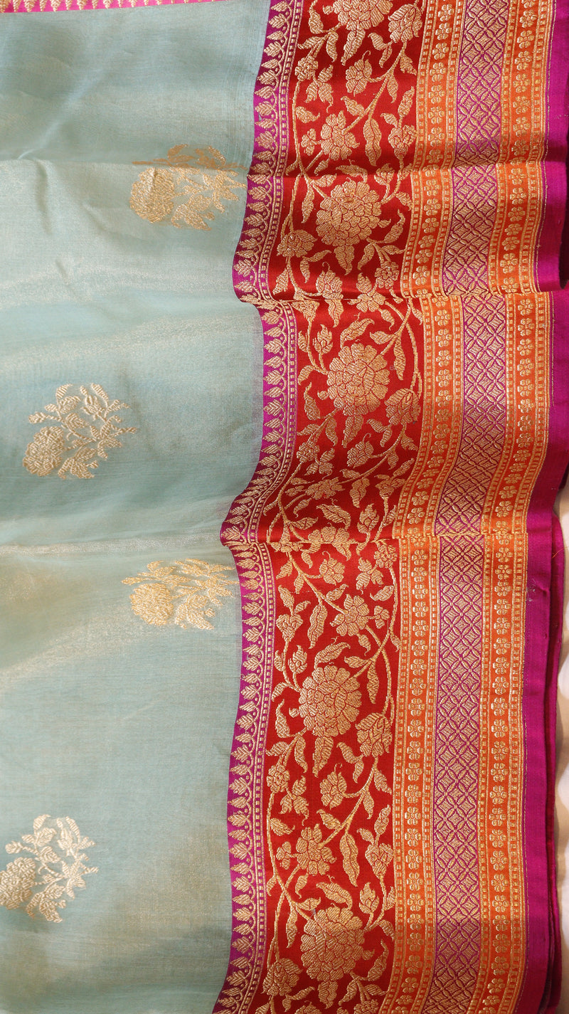 Aqua Pure Tissue Silk Saree with Katan Silk Contrast Border