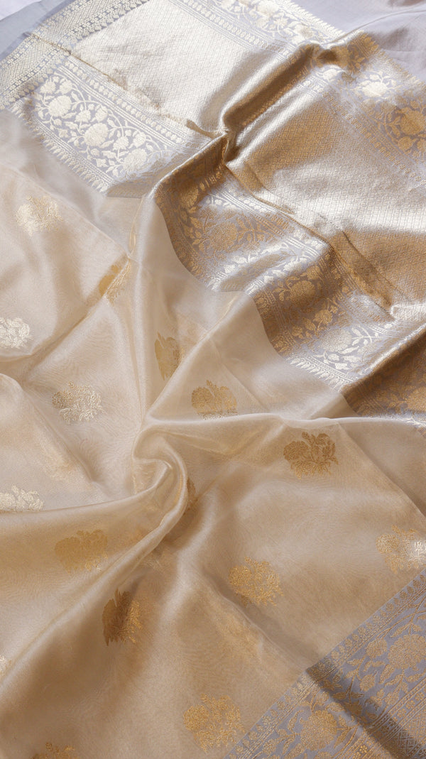 Ivory Pure Tissue Silk Handloom Saree with Katan Silk Contrast Border