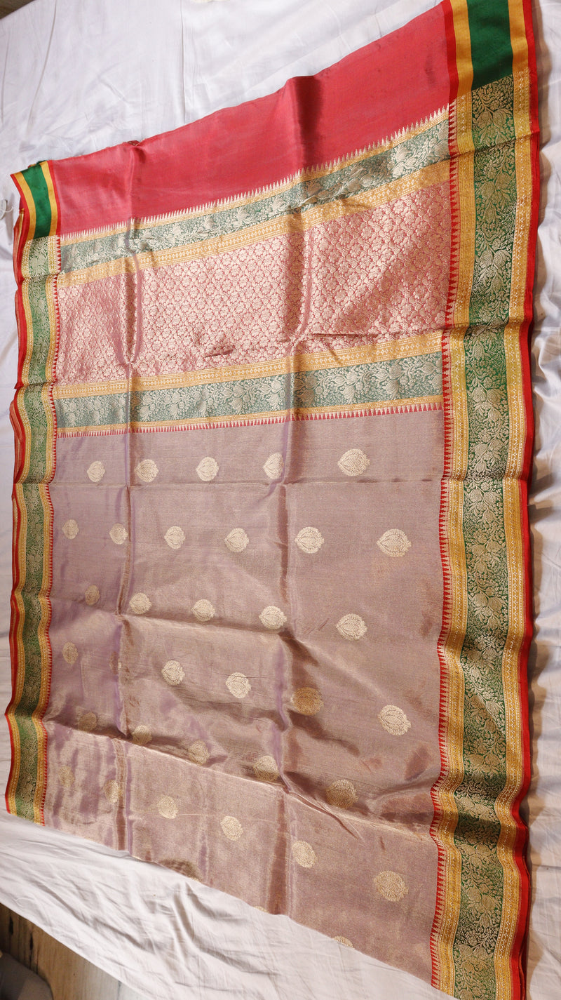 Dusty Pink Pure Tissue Silk Handloom Saree with multicolor border